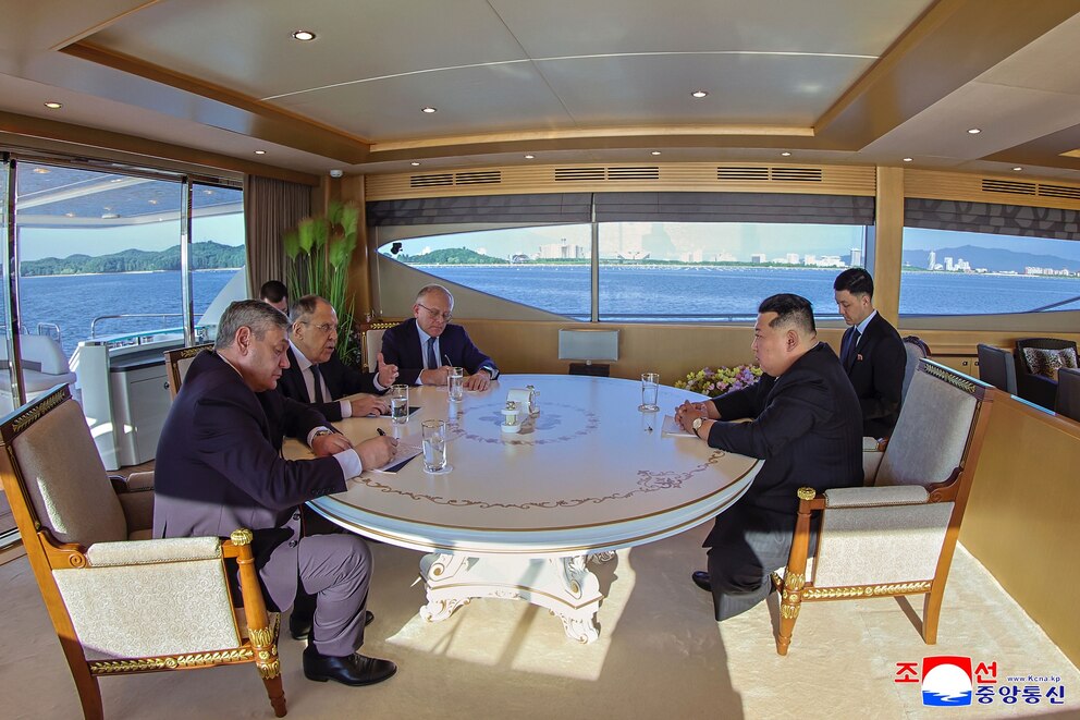 PHOTO: In this photo provided by the North Korean government, its leader Kim Jong Un, right, talks with Russian Foreign Minister Sergei Lavrov, second left, in Wonsan, North Korea, Saturday, July 12, 2025. 