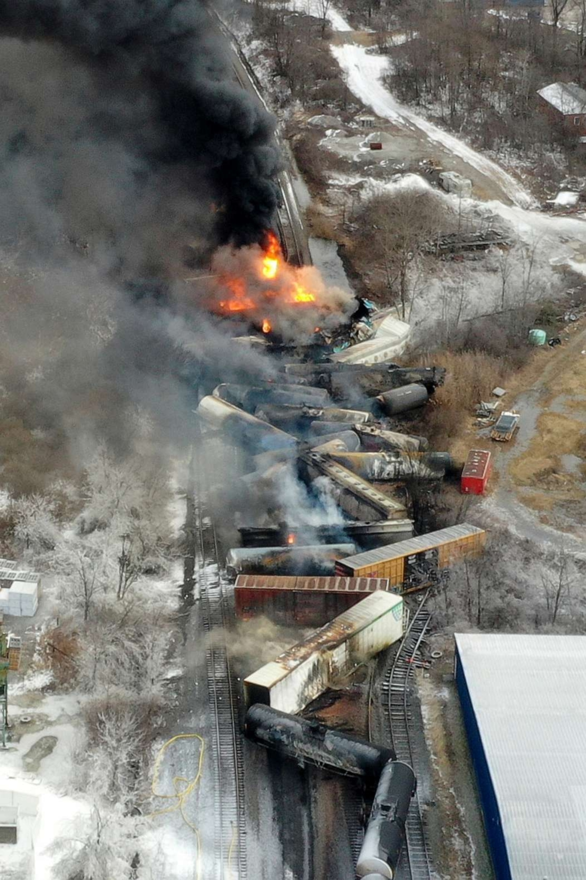 PHOTO: Portions of a Norfolk and Southern freight train that derailed Friday night in East Palestine, Ohio are still on fire at mid-day Saturday, Feb. 4, 2023.