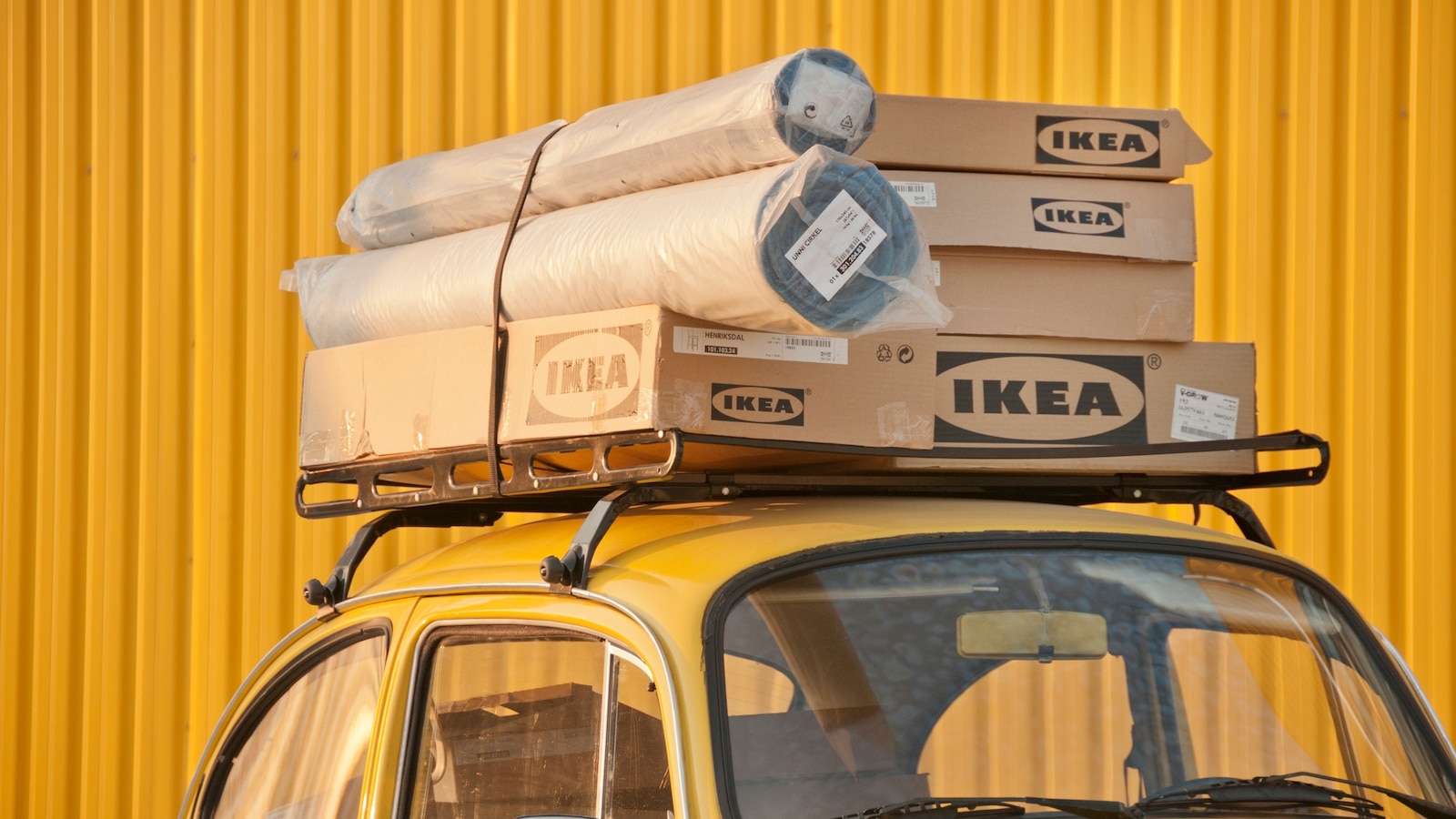 A group of boxes from Ikea sit on top of a car outside their store in Izmir, Turkey.