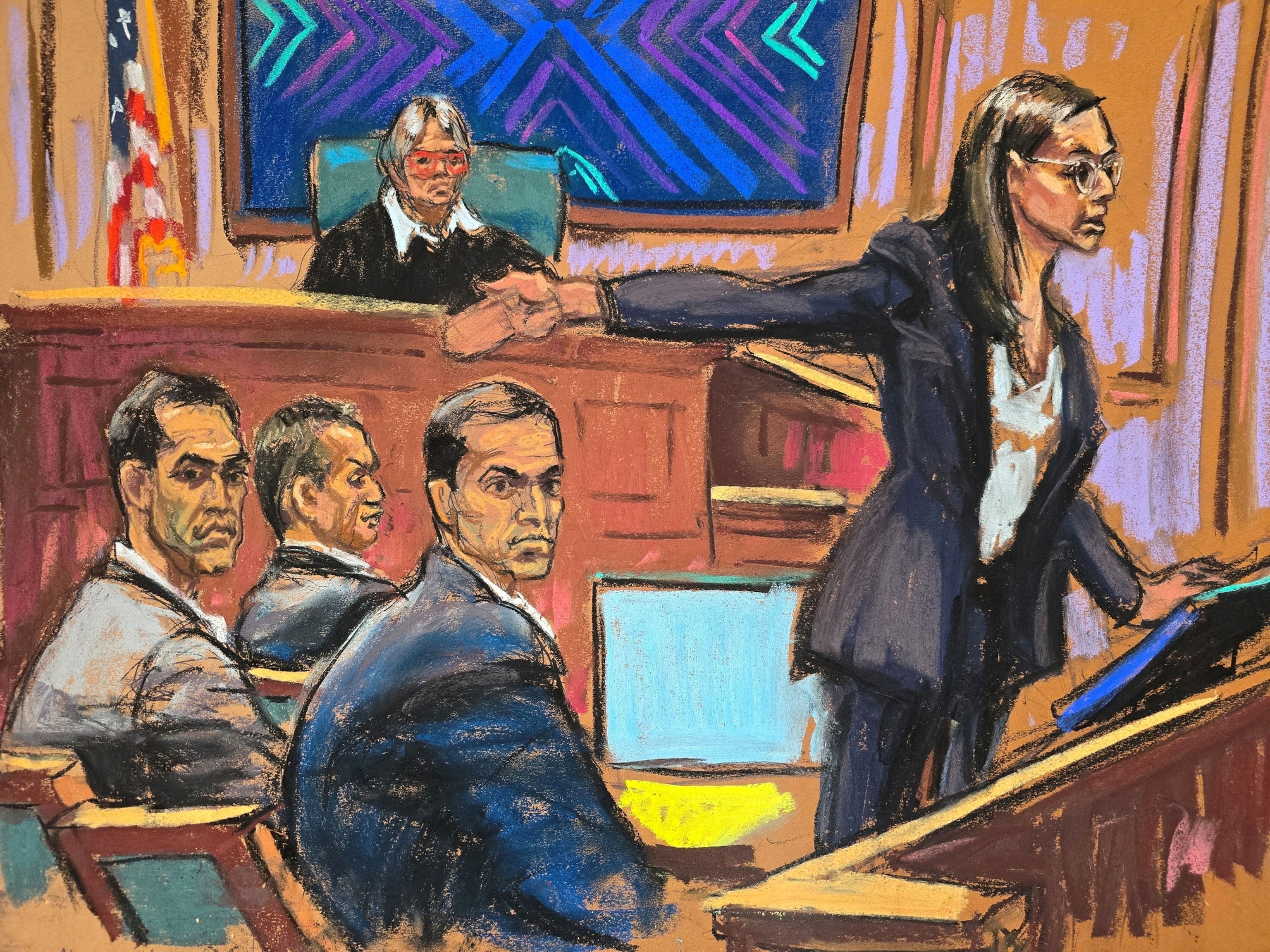 PHOTO: Prosecutor Madison Smyser points towards high-profile real estate agent brothers Tal Alexander, Alon Alexander and Oren Alexander, during her opening statement at the start of their trial in New York, Jan. 27, 2026, in a courtroom sketch. 