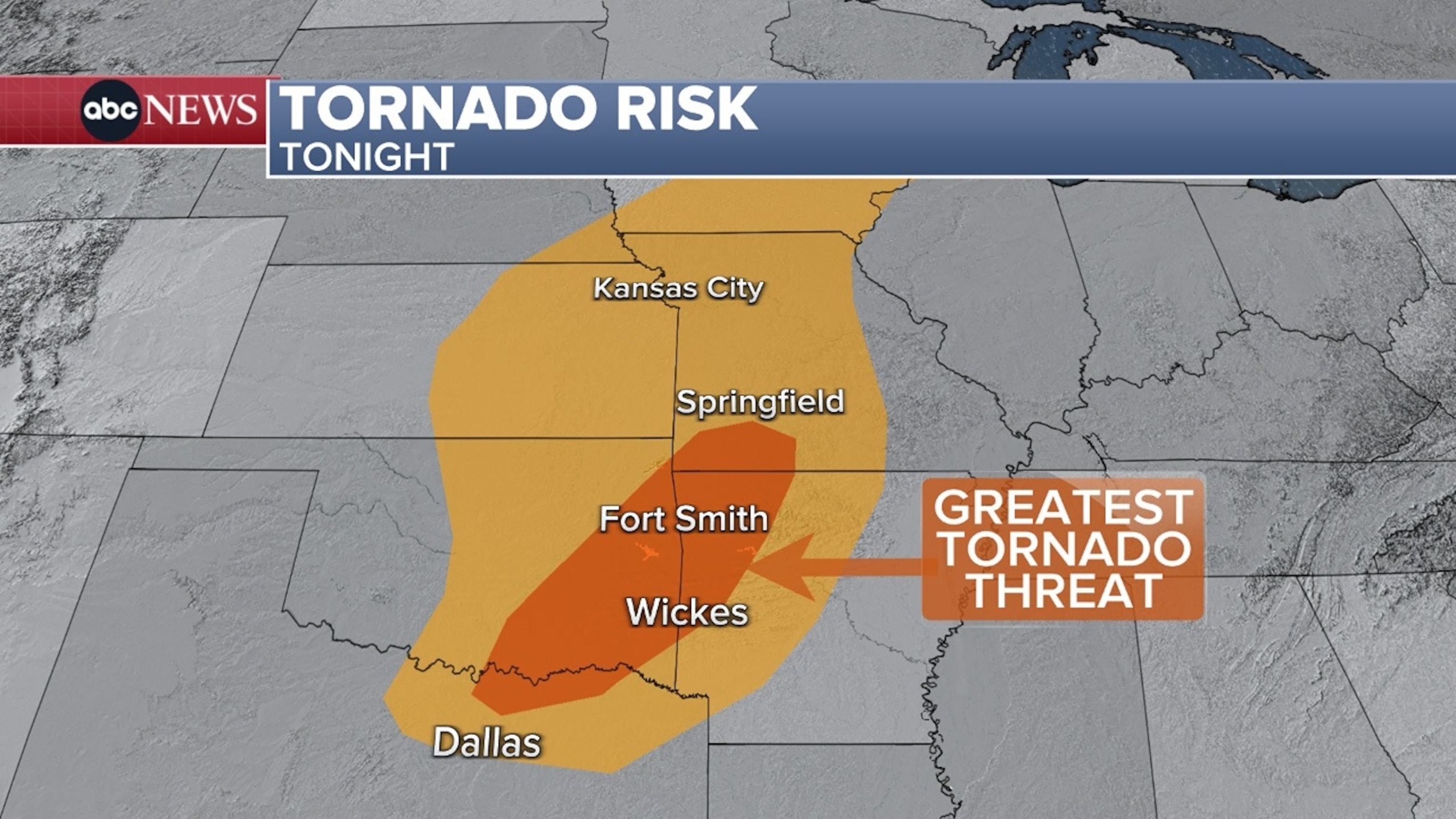 PHOTO: The greatest tornado threat will be from far northeastern Texas to just south of Springfield, Mo.