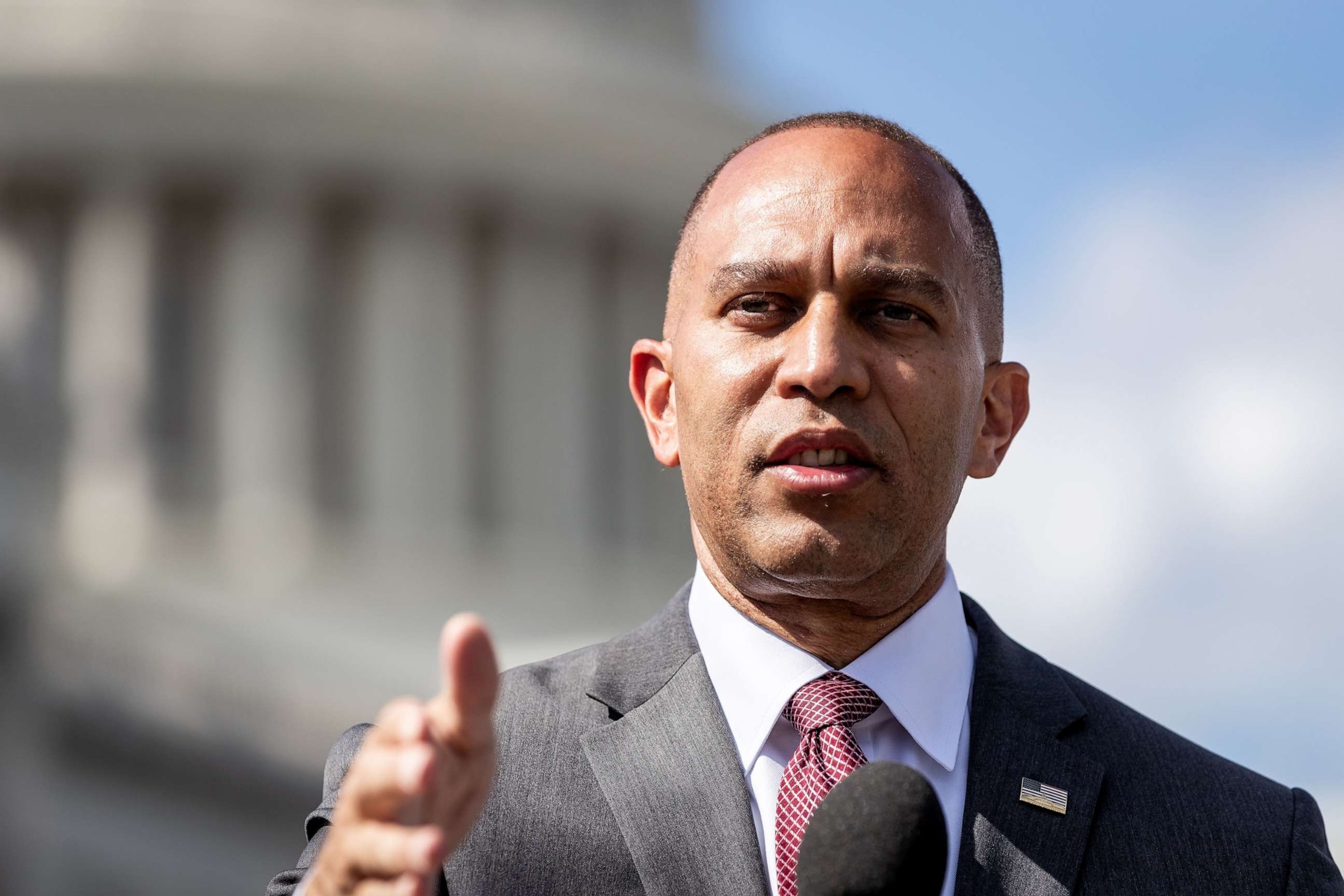 PHOTO: House Minority Leader Hakeem Jeffries speaks at a press conference on Ethan's Law, a bill to prohibit unsafe gun storage, at the U.S. Capitol, on Sept. 13, 2023, in Washington, D.C.