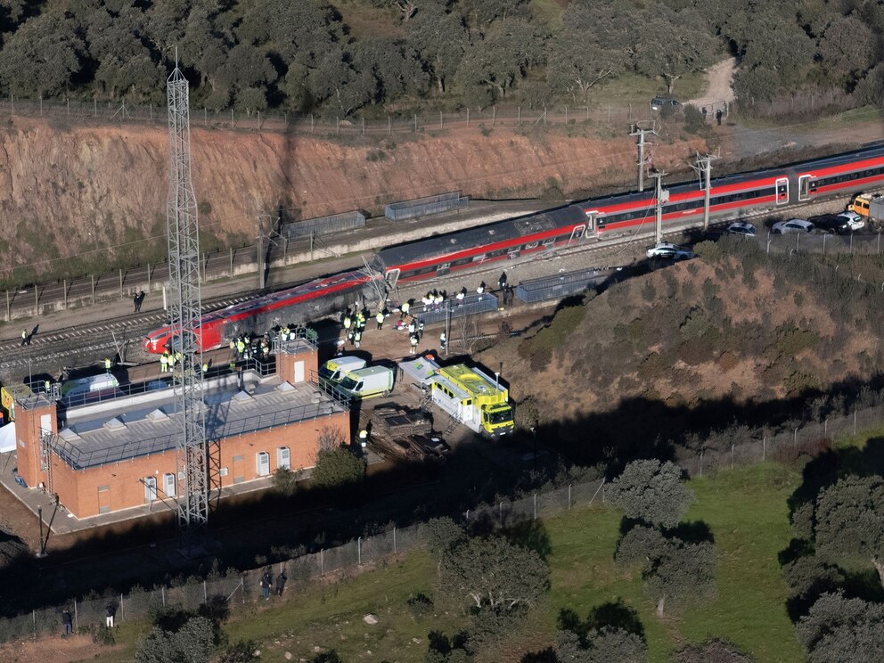 PHOTO: An aerial view of the site where a high-speed train carrying more than 300 passengers derailed and collided with another train traveling in the opposite direction near the town of Adamuz, in the southern Spanish province of Cordoba, Jan. 19, 2026.