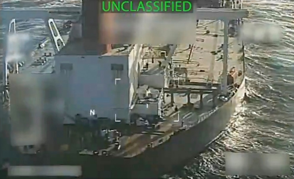 PHOTO: This screen grab from a video posted by Attorney General Pam Bondi, shows the execution of "a seizure warrant for a crude oil tanker used to transport sanctioned oil from Venezuela and Iran" off the coast of Venezuela, Dec. 10. 2025.