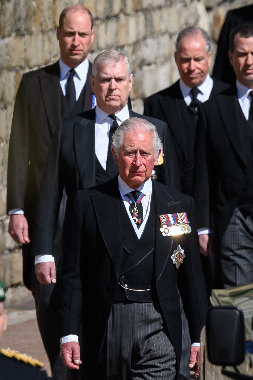 PHOTO: Britain's Prince William, Duke of Cambridge, Britain's Prince Andrew, Duke of York and Britain's Prince Charles, Prince of Wales during the ceremonial funeral procession of Britain's Prince Philip, Duke of Edinburgh in Windsor, April 17, 2021.