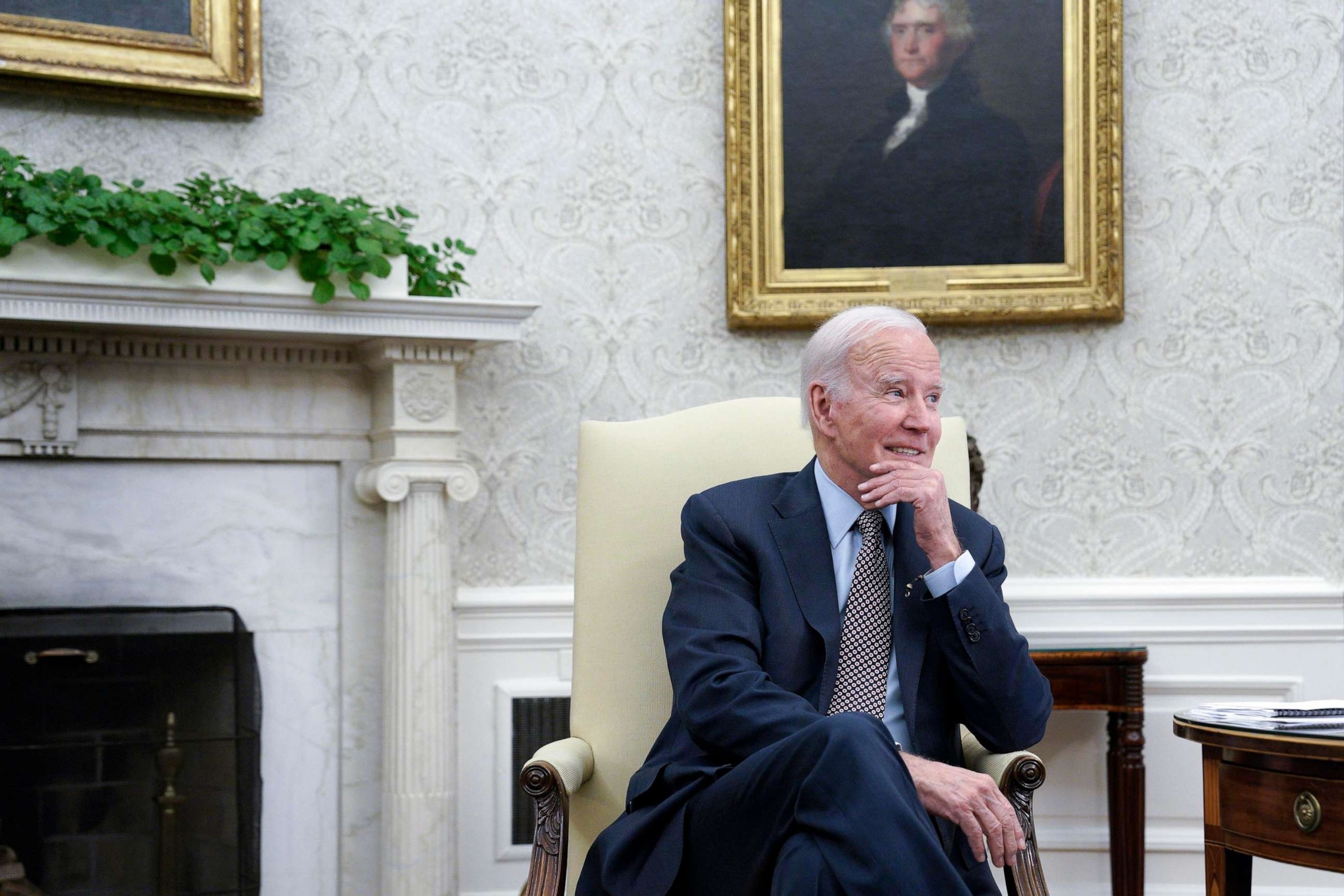 PHOTO: President Joe Biden sits during his meeting with Speaker of the House Kevin McCarthy, in the Oval Office of the White House in Washington, D.C., on May 22, 2023.