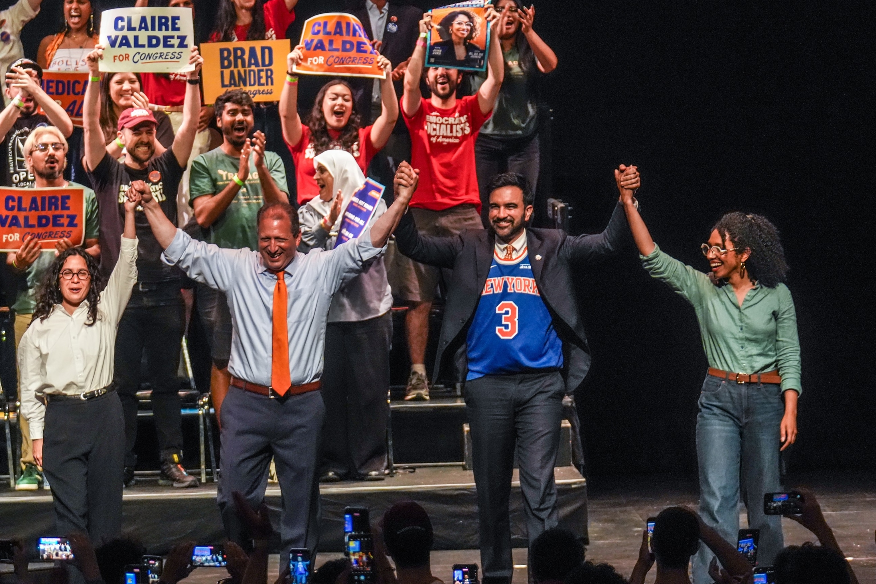 PHOTO: Democratic Congressional candidates, Claire Valdez, Brad Lander, and Darializa Avila gesture on stage with New York City Mayor Zohran Mamdani during a Get Out The Vote rally, June 18, 2026, in Brooklyn, New York.