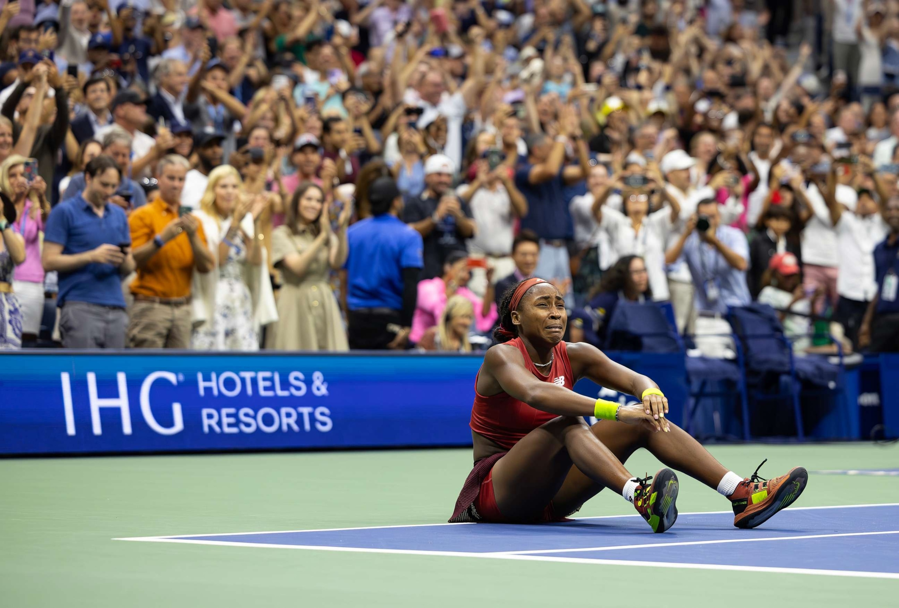 PHOTO: Coco Gauff of the United States reacts after defeating Aryna Sabalenka of Belarus in their Women's Singles Final match on Day Thirteen of the 2023 US Open on Sept. 9, 2023 in Queens, New York.