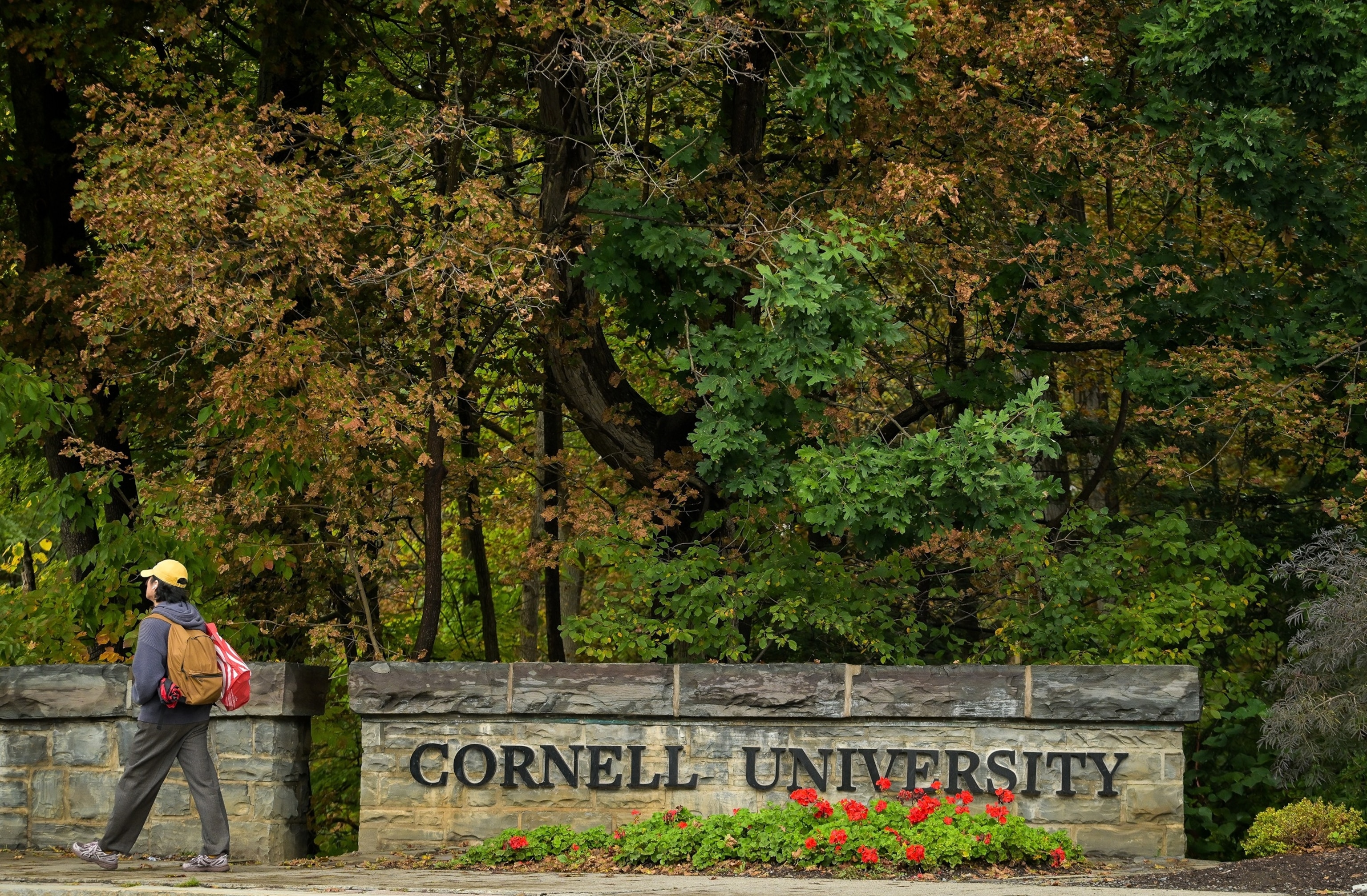 PHOTO: A student walks past a Cornell University sign in Ithaca, N.Y., September 28, 2026.