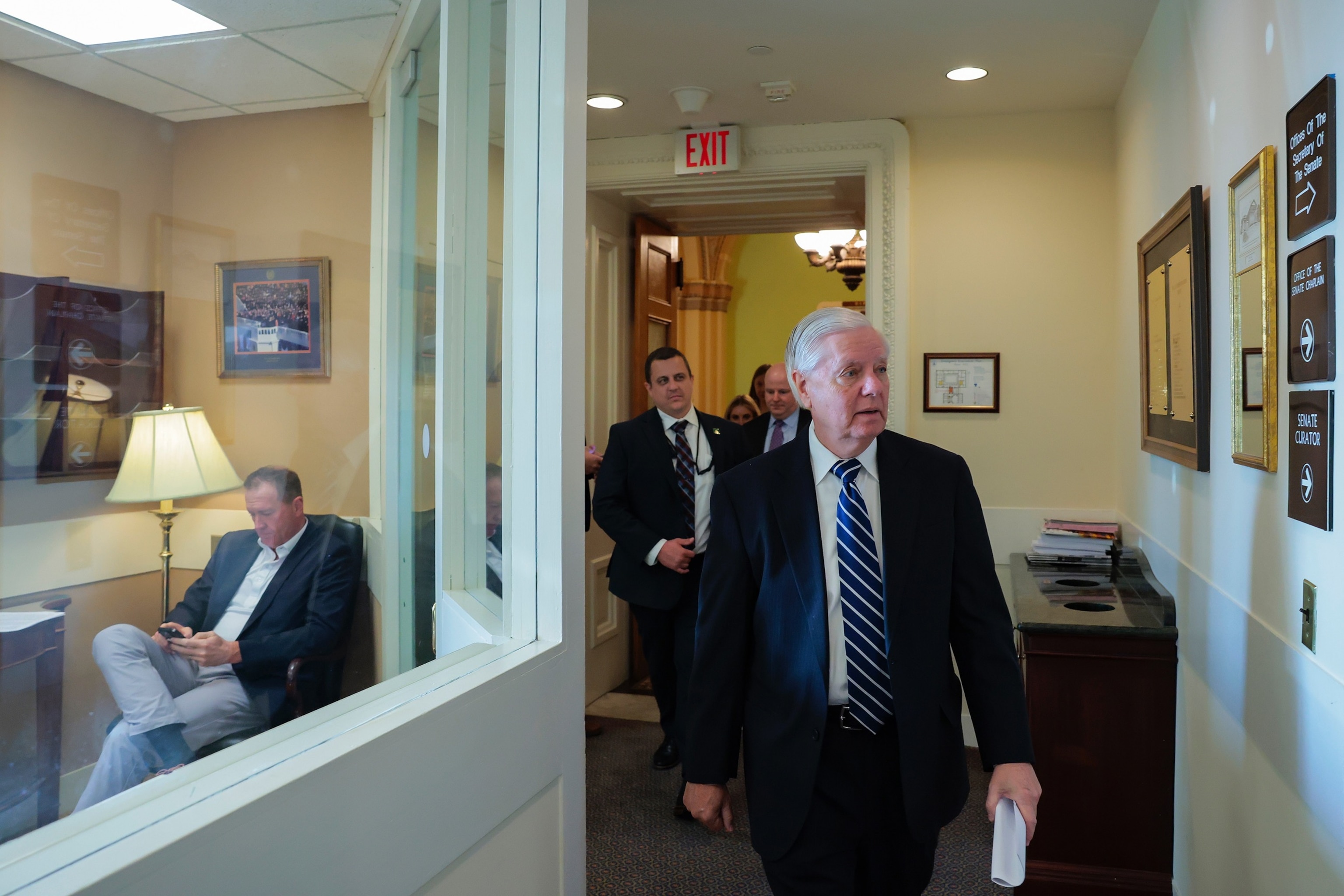 PHOTO: Sen. Lindsey Graham (R-SC) arrives for a press conference at the U.S. Capitol on April 27, 2026, in Washington, D.C.