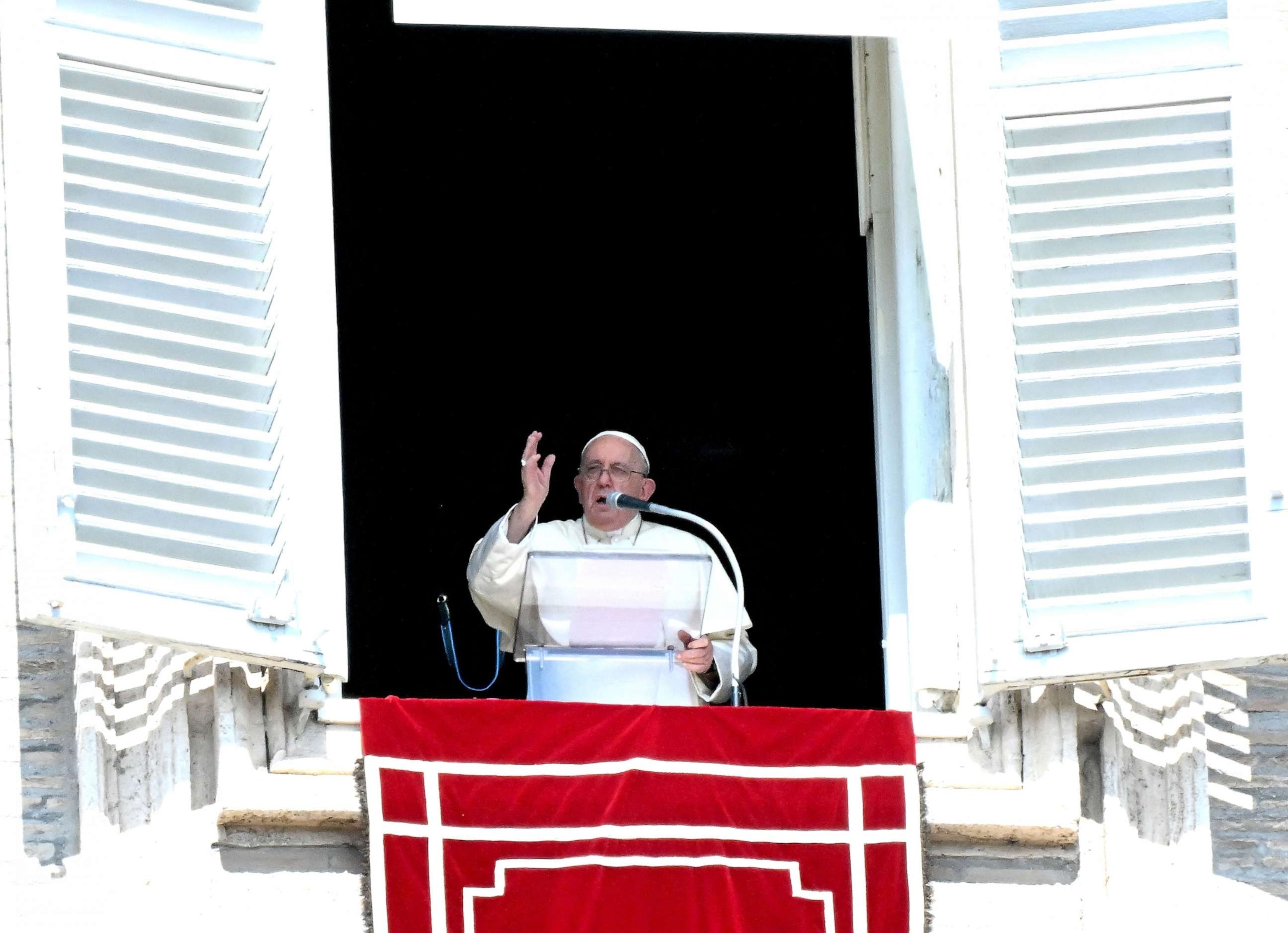 PHOTO: Pope Francis delivers his blessing to the pilgrims during the Sunday Angelus prayer in St.Peter's Square at the Vatican, Oct. 1, 2023.