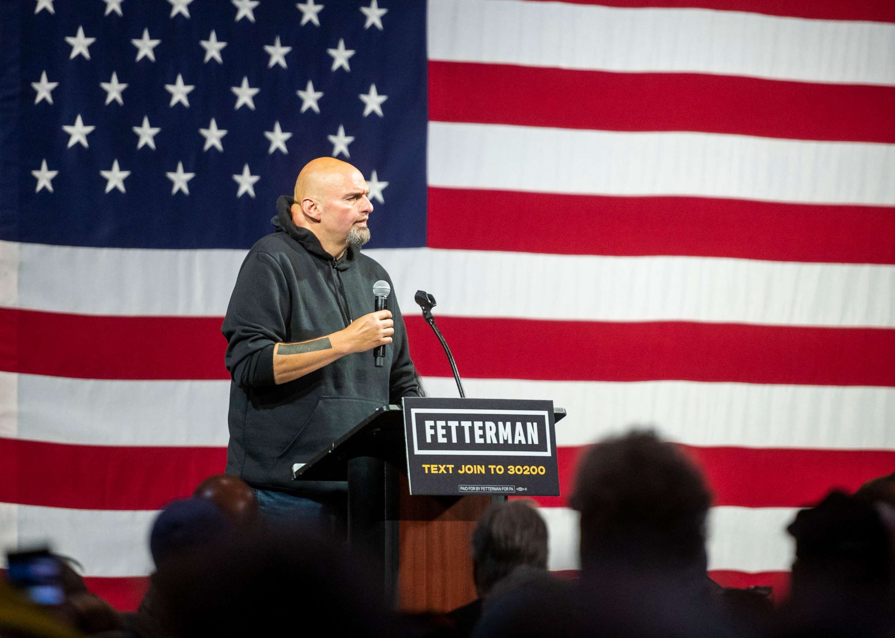 PHOTO: Democratic Senate candidate Lt. Gov. John Fetterman speaks during a rally at the Bayfront Convention Center on Aug. 12, 2022, in Erie, Penn.