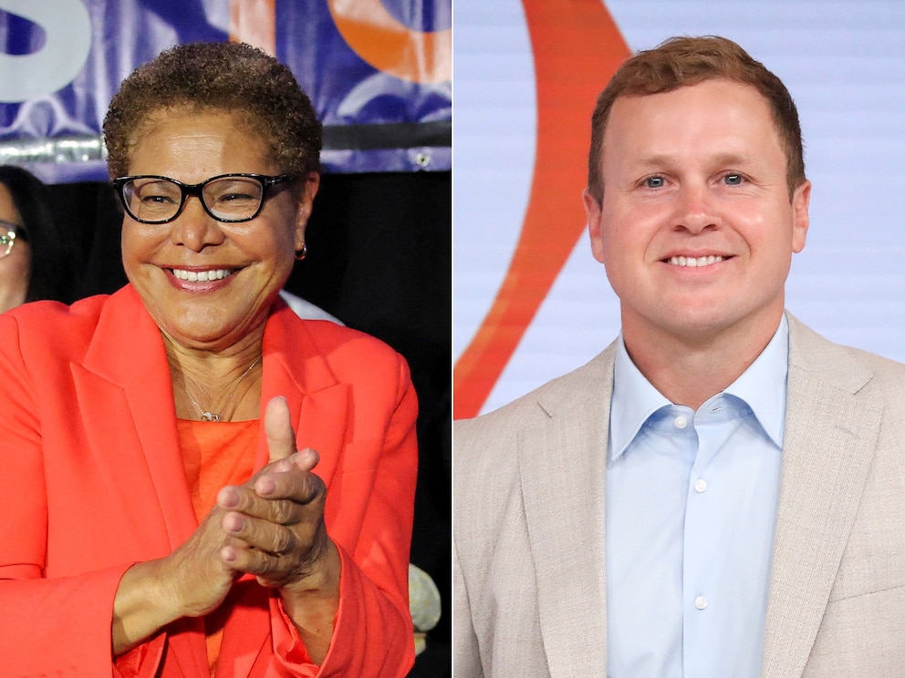 PHOTO: Los Angeles Mayor Karen Bass attends her election night watch party in Los Angeles, June 2, 2026. | Spencer Pratt appears on "Fox & Friends" on May 28, 2026, in New York.