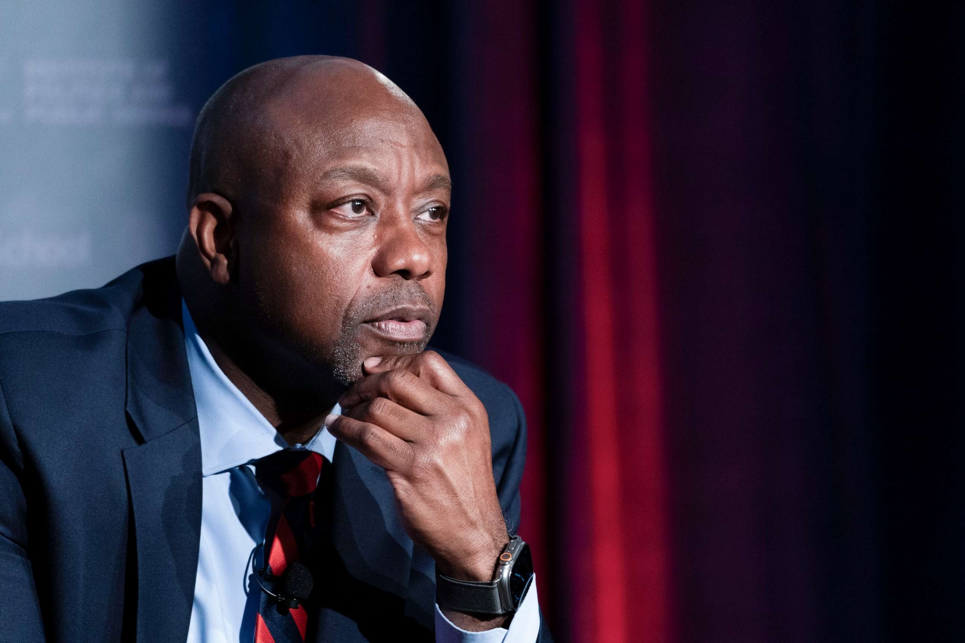 PHOTO: Republican presidential candidate Sen. Tim Scott, R-S.C. answers questions during an Associated Press 2024 GOP Presidential Candidates Conversations on National Security and Foreign Policy event at Georgetown University in Washington, Oct. 16, 2023