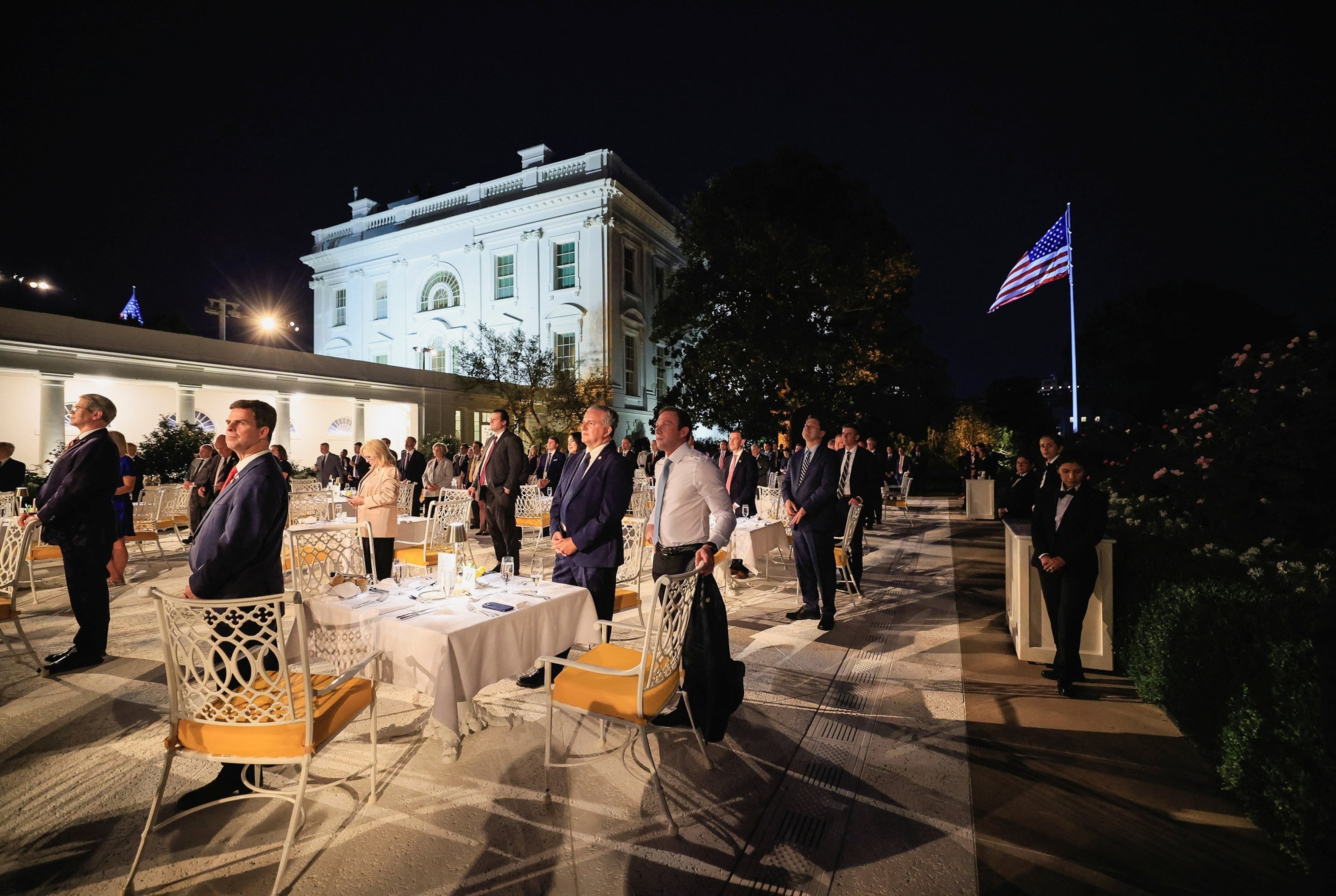 PHOTO: U.S. President Donald Trump holds a dinner in the newly renovated Rose Garden patio, at the White House in Washington