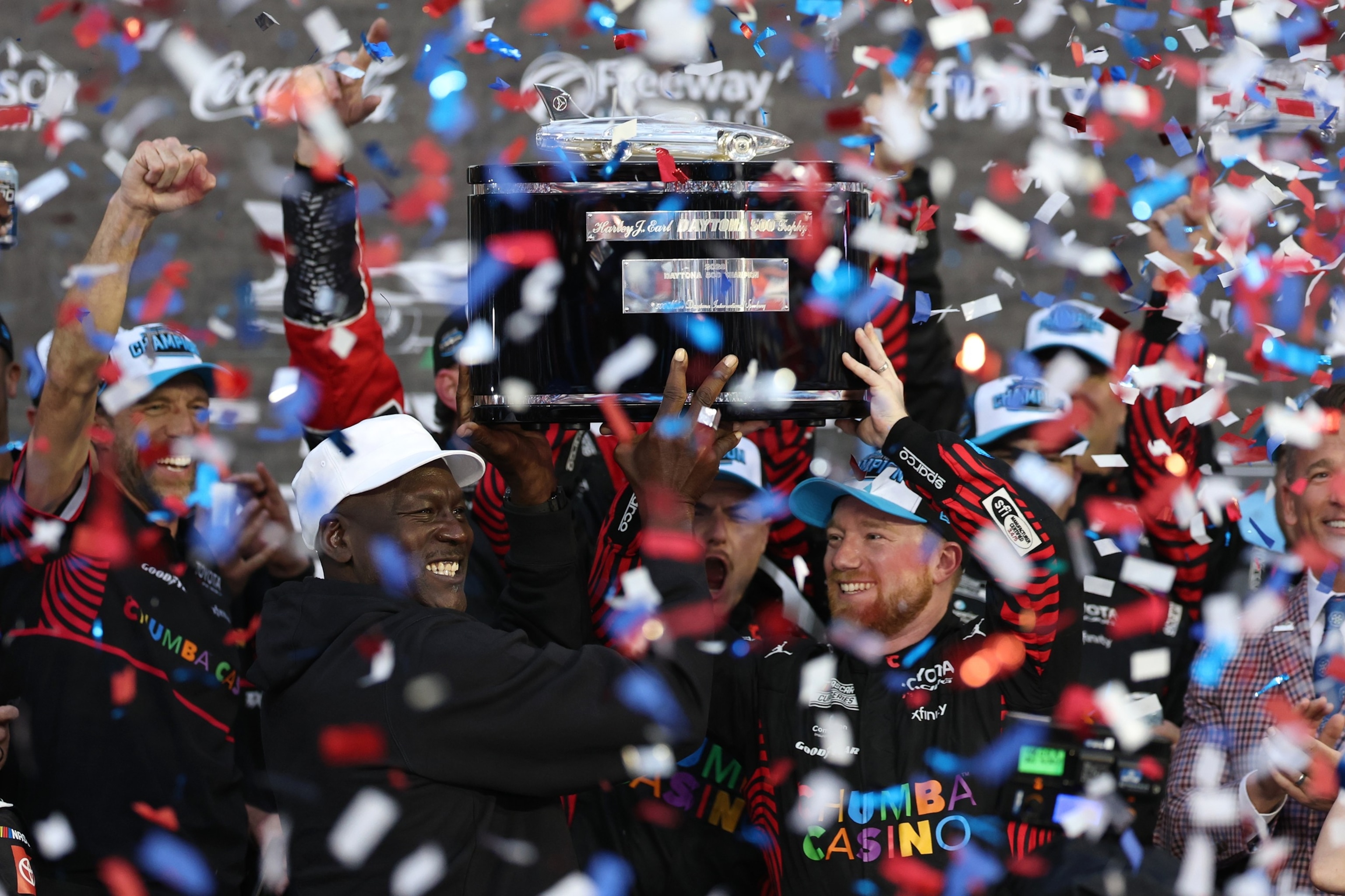 PHOTO: Tyler Reddick, driver of the #45 Chumba Casino Toyota, and Michael Jordan, Feb. 15, 2026, in Daytona Beach, Fla.