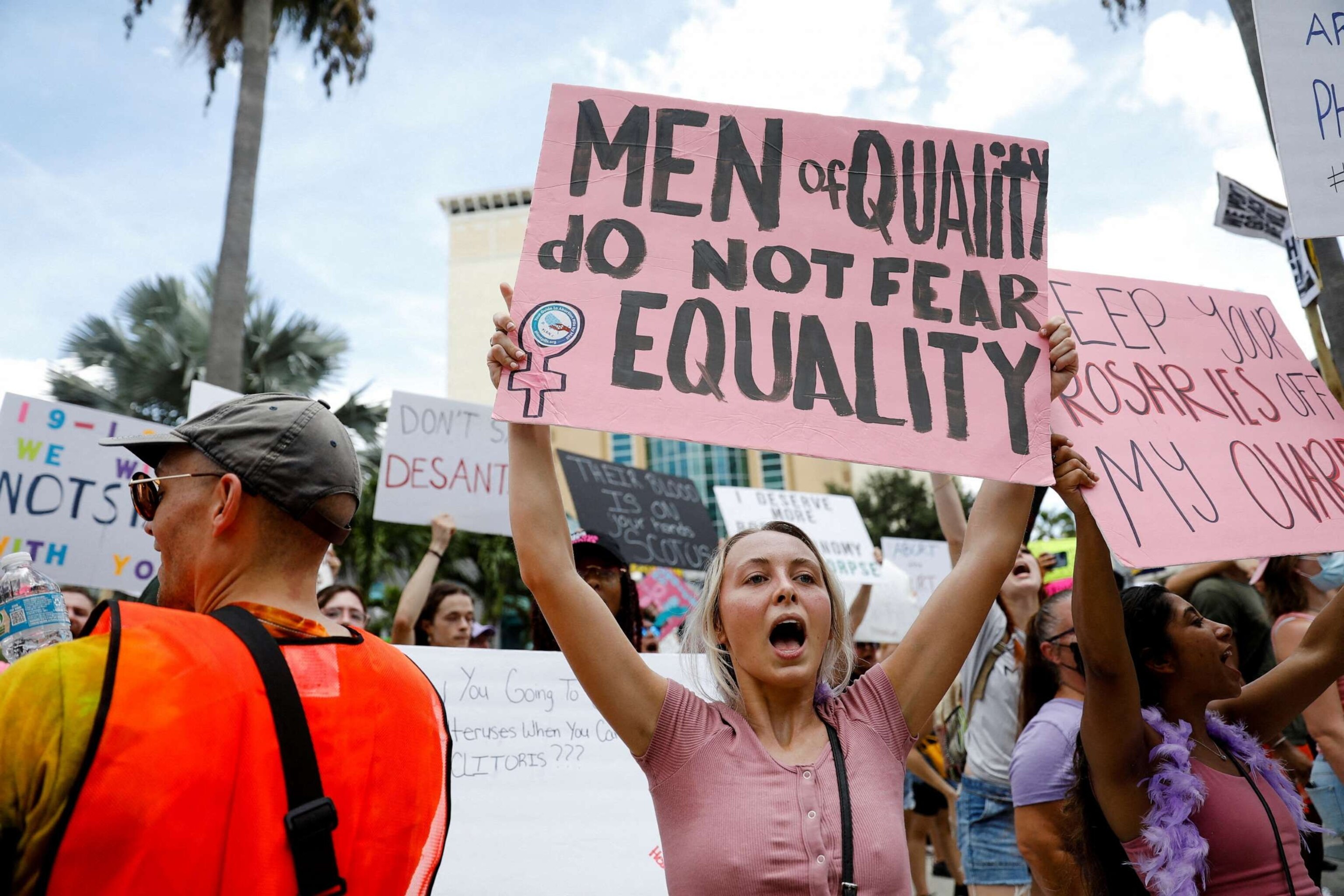 PHOTO: Abortion rights activists protest outside the venue of a summit by the conservative group 'Moms For Liberty' in Tampa, Fla., July 16, 2022.