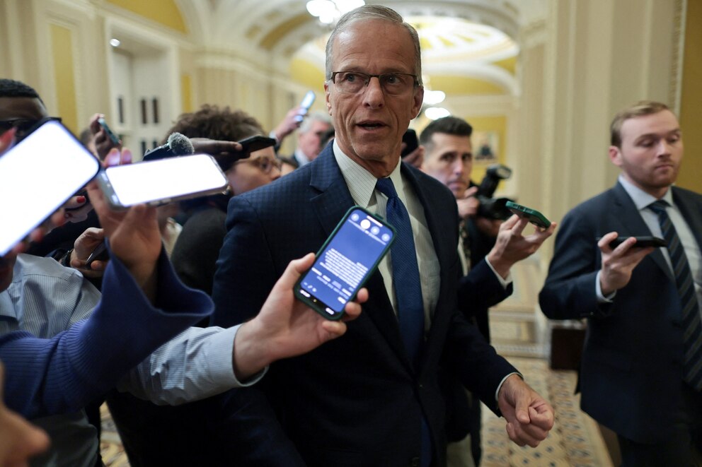 PHOTO: Senate Majority Leader John Thune speaks with reporters after the Senate approved the House resolution to force the release of Justice Department files on the late convicted sex offender Jeffrey Epstein in Washington, Nov. 18, 2025.