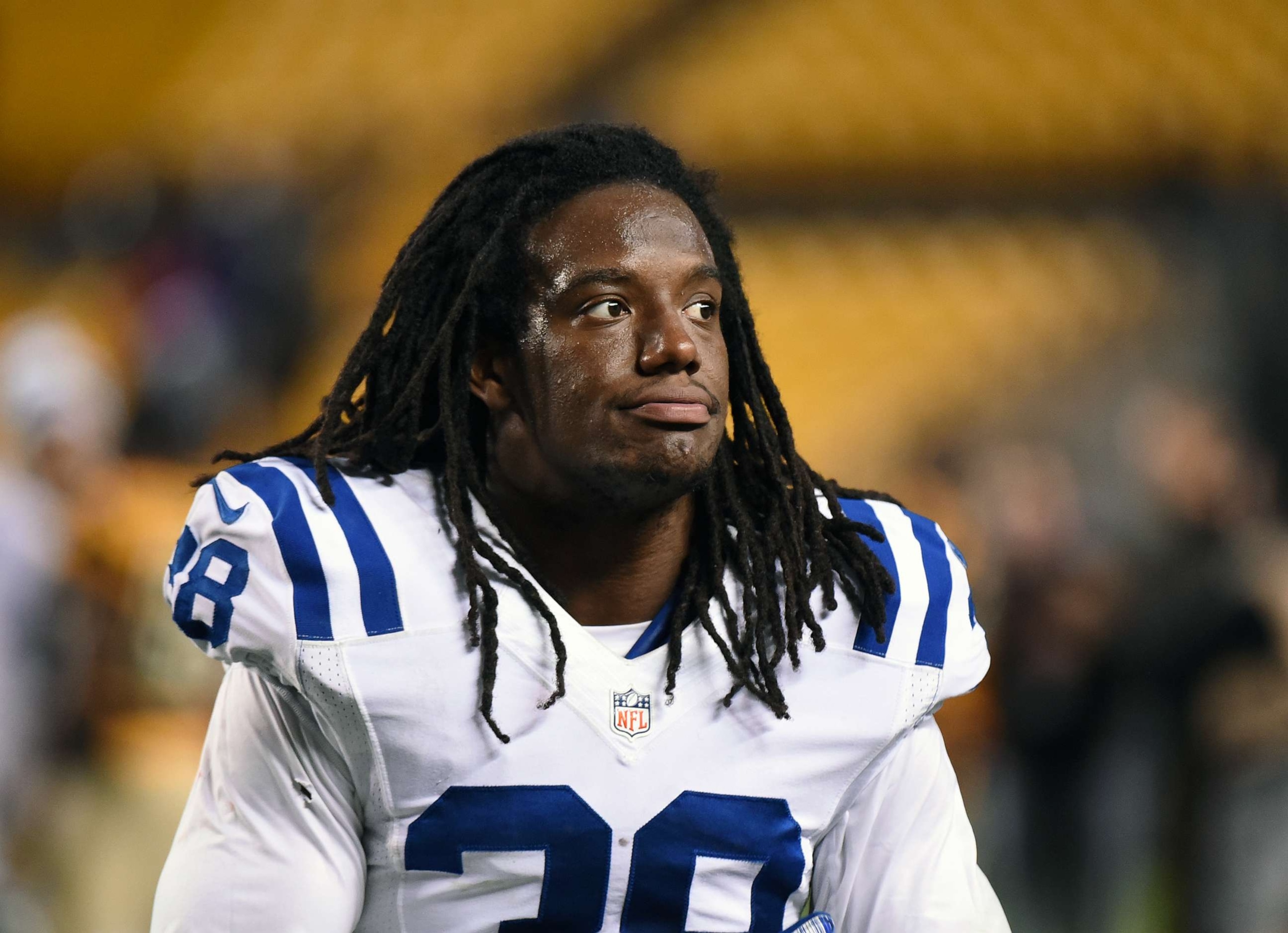 PHOTO: Sergio Brown of the Indianapolis Colts looks on from the field after a game against the Pittsburgh Steelers at Heinz Field, Oct. 26, 2014, in Pittsburgh.