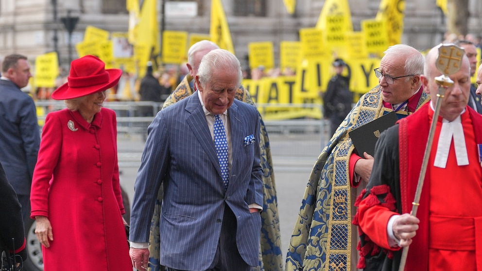 Britain's royal family met by protesters at Commonwealth Day event amid fallout from Andrew controversy