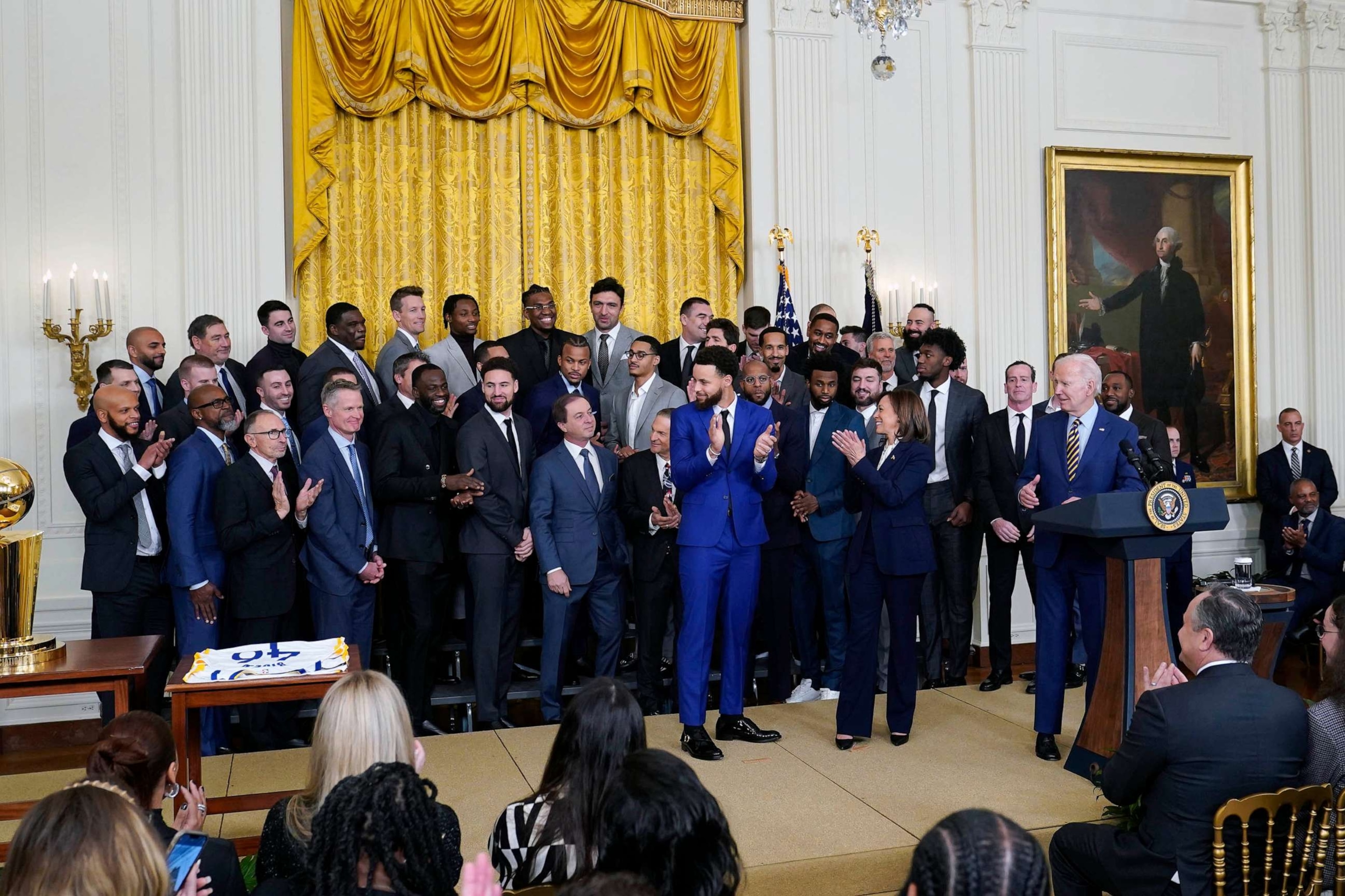 PHOTO: President Joe Biden welcomes the 2022 NBA champions, the Golden State Warriors, to the East Room of the White House in Washington, Jan 17, 2023.