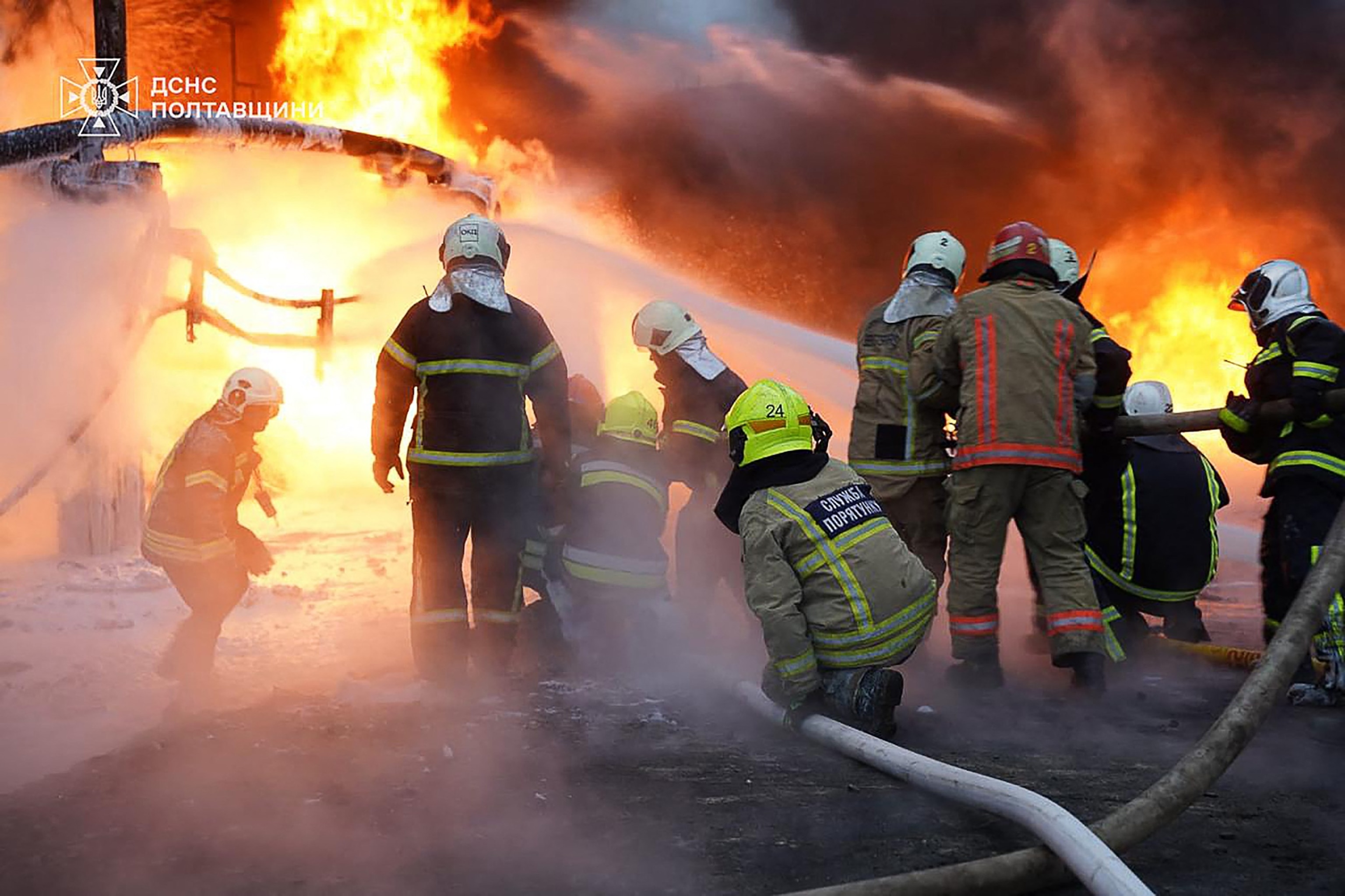 PHOTO: This handout picture taken and released by Ukrainian State Emergency Service on Dec. 7, 2025 shows firefighters working to extinguish a fire following a Russian in the Poltava region, amid the Russian invasion in Ukraine.