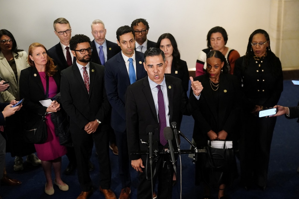 PHOTO: Rep. Robert Garcia speaks to the media following a closed-door briefing for members of the House Oversight and Government Reform Committee Capitol Hill, March 18, 2026. 