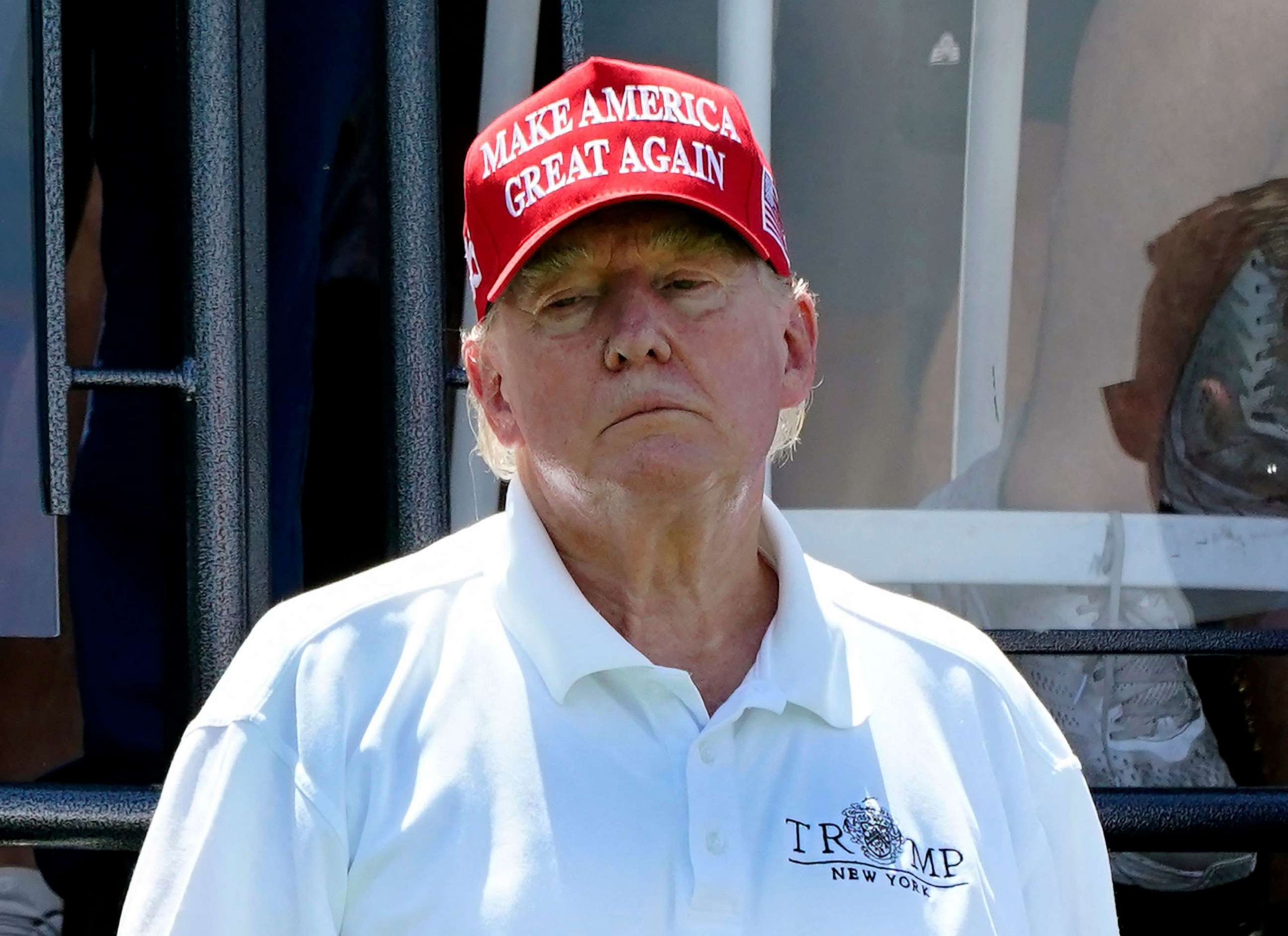 PHOTO: Former President Donald Trump looks on during Round 3 at the LIV Golf-Bedminster 2023 at the Trump National in Bedminster, New Jersey, on Aug. 13, 2023.