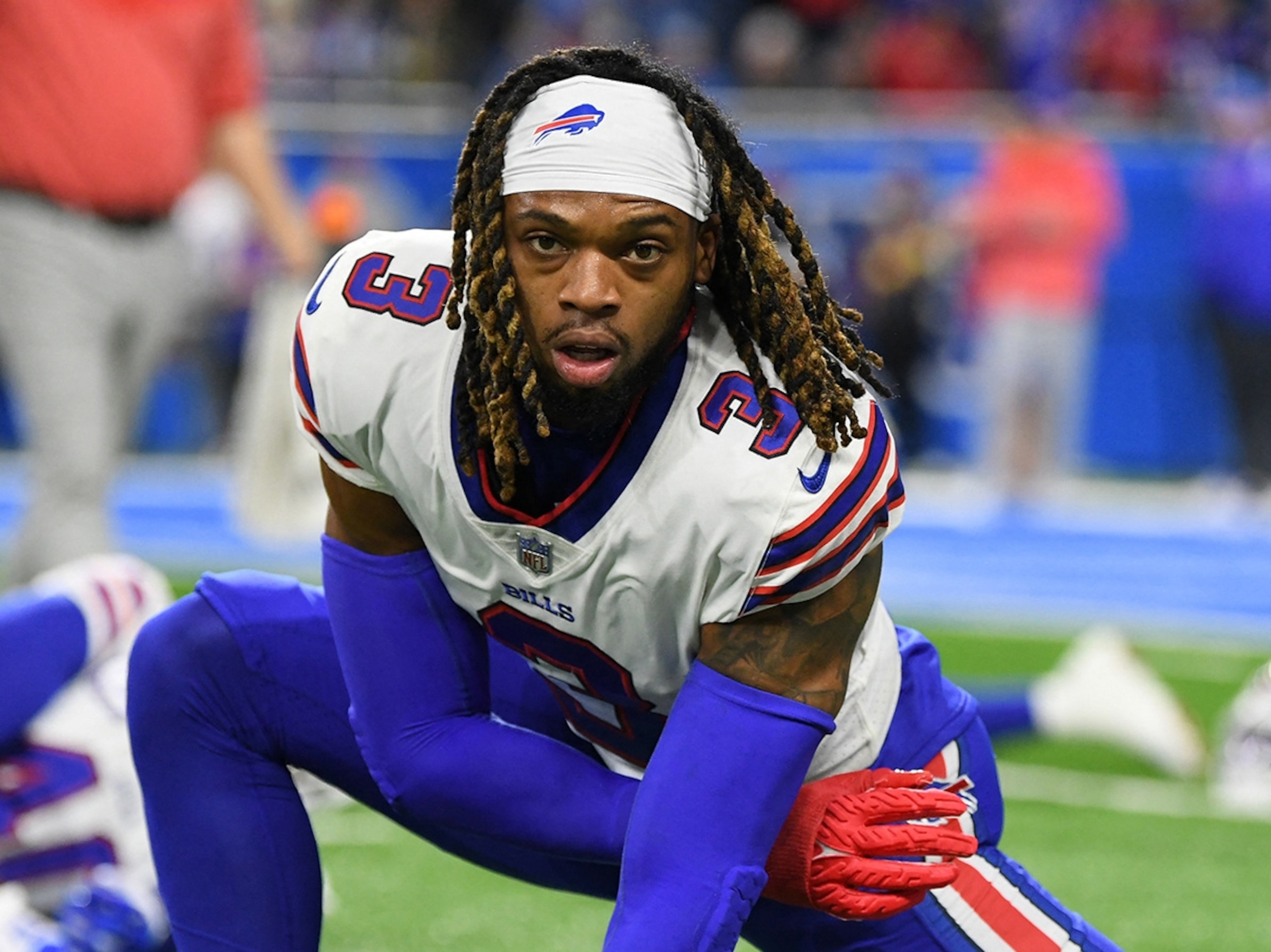 PHOTO: Buffalo Bills safety Damar Hamlin warms up before a game on Nov 24, 2022, against the Detroit Lions at Ford Field.