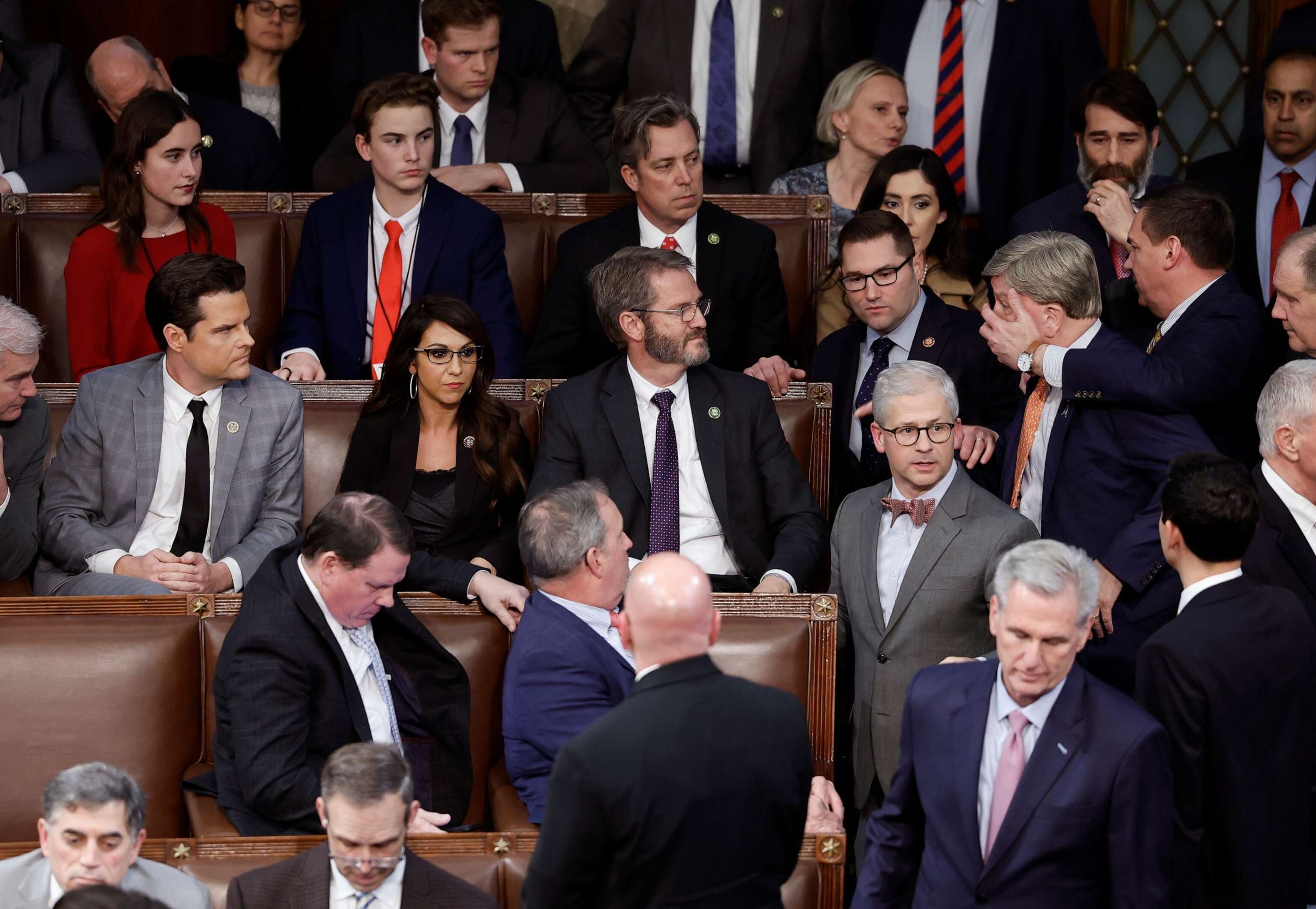 PHOTO: Rep. Mike Rogers is restrained by Rep. Richard Hudson after getting into an argument with Rep. Matt Gaetz as House Republican Leader Kevin McCarthy walks away, in the House Chamber, Jan. 6, 2023, in Washington, D.C.