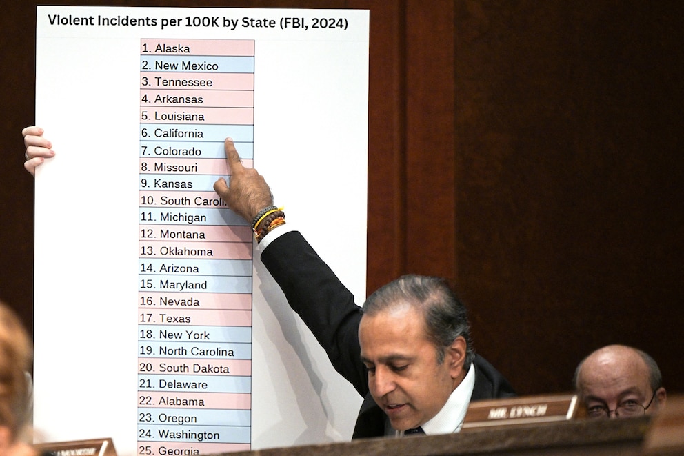 PHOTO: Rep. Raja Krishnamoorthi points to statistics about violent incidents by state as he speaks during a House Oversight and Government Reform Committee hearing in Washington, D.C., on Sept. 18, 2025.