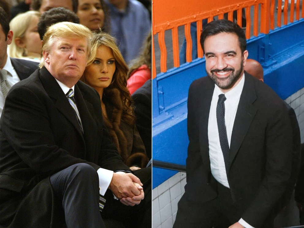 PHOTO: Donald Trump sit courtside during a New York Knicks game at Madison Square Garden in New York, March 15, 2005. | In this photo posted on June 5, 2026, Mayor Zohran Mamdani exits the subway station near Madison Square Garden in New York.