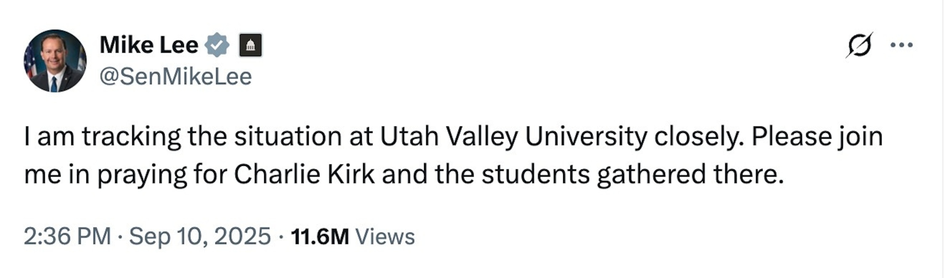 PHOTO: a post about Charlie Kirk by Senator Mike Lee