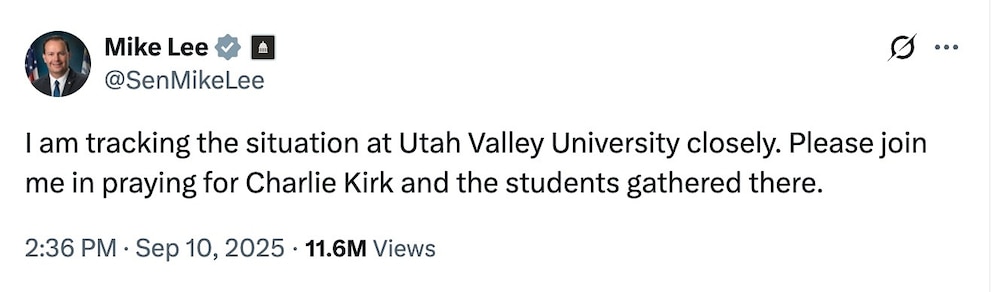 PHOTO: a post about Charlie Kirk by Senator Mike Lee