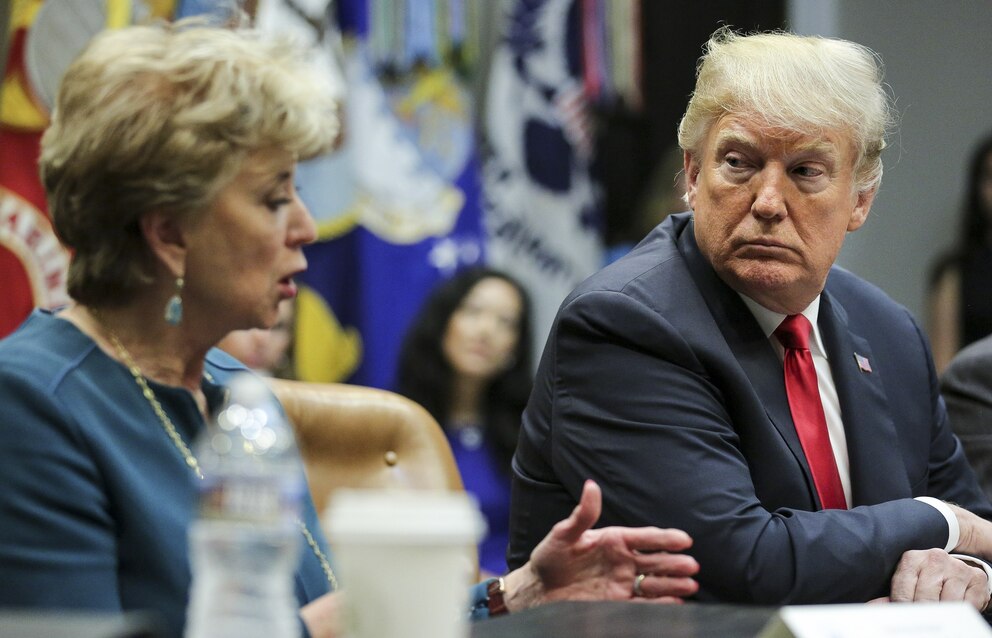 PHOTO: In this Sept. 17, 2018 file photo President Donald Trump listens as Linda McMahon left, speaks during a meeting of the President's National Council for the American Worker in the Roosevelt Room of the White House in Washington, D.C.