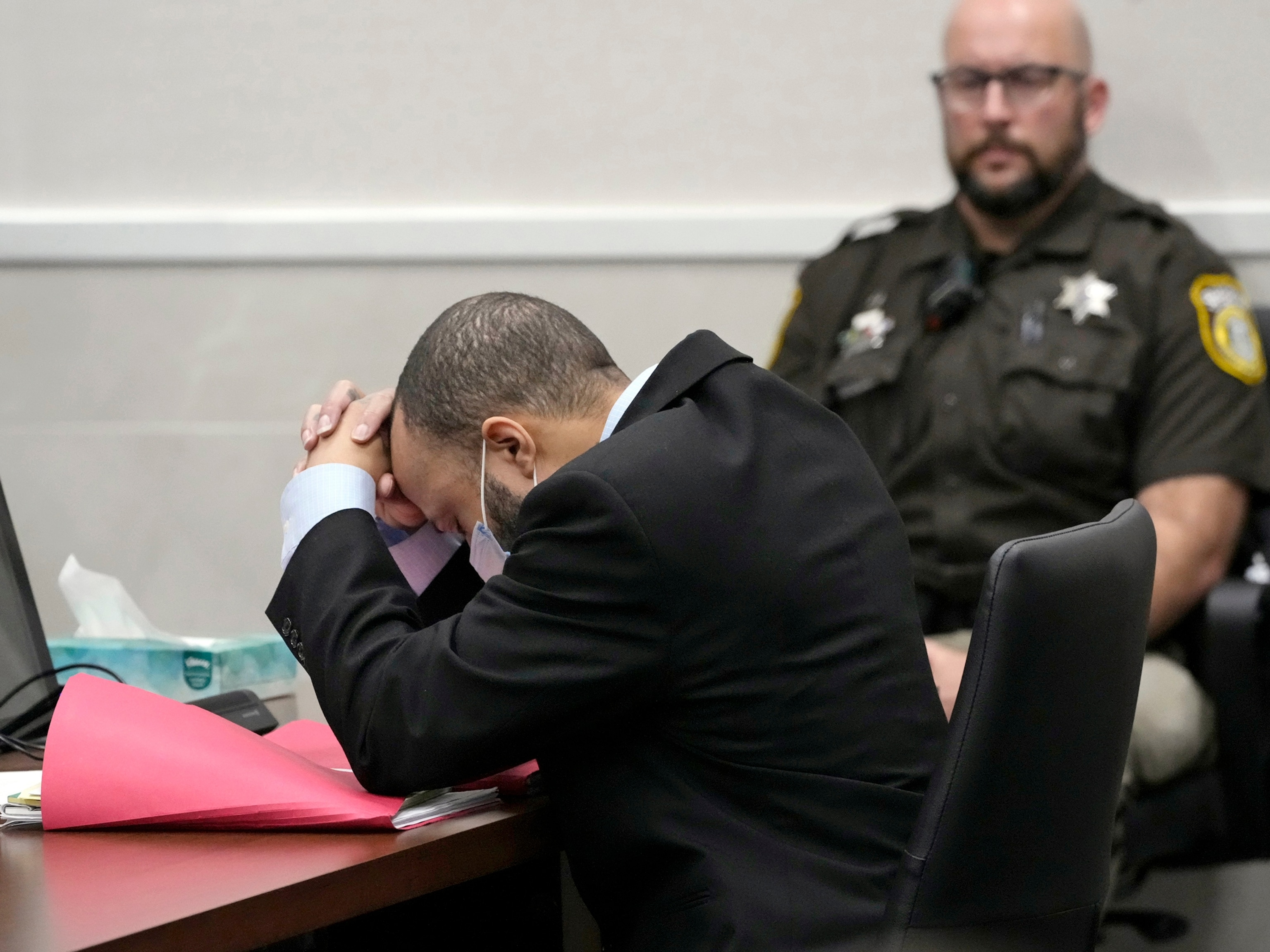 PHOTO: Darrell Brooks reacts as the guilty verdict is read during his trial in a Waukesha County Circuit Court in Waukesha, Wis., Oct. 26, 2022.