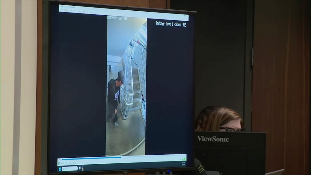 PHOTO: Prosecutors played this compilation video in court, July 7, 2026, of defendant Tyler Robinson’s movements on the campus of Utah Valley University leading up to and after the fatal shooting, Sept. 10, 2025, of conservative activist Charlie Kirk.  