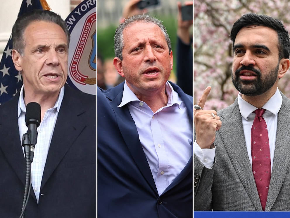 PHOTO: Andrew Cuomo speaks at a rally in Union Square on June 17, 2025, in New York. | Brad Lander arrives to speak at a rally on June 17, 2025, in New York. | Zohran Mamdani campaigns in New York, on April 16, 2025.