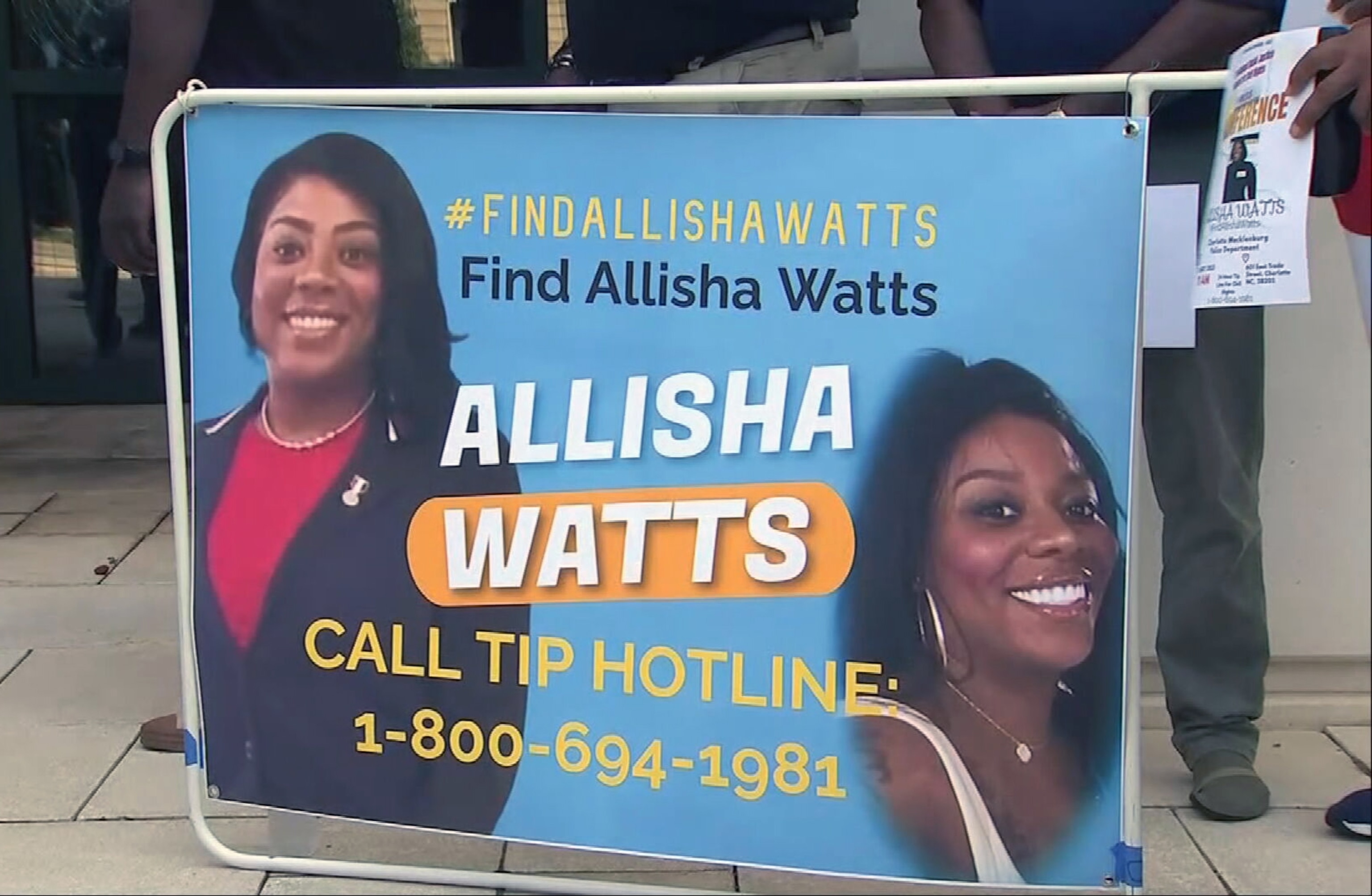 PHOTO: A "Find Allisha Watts" poster is shown at a press conference on July 26, 2023 in North Carolina.