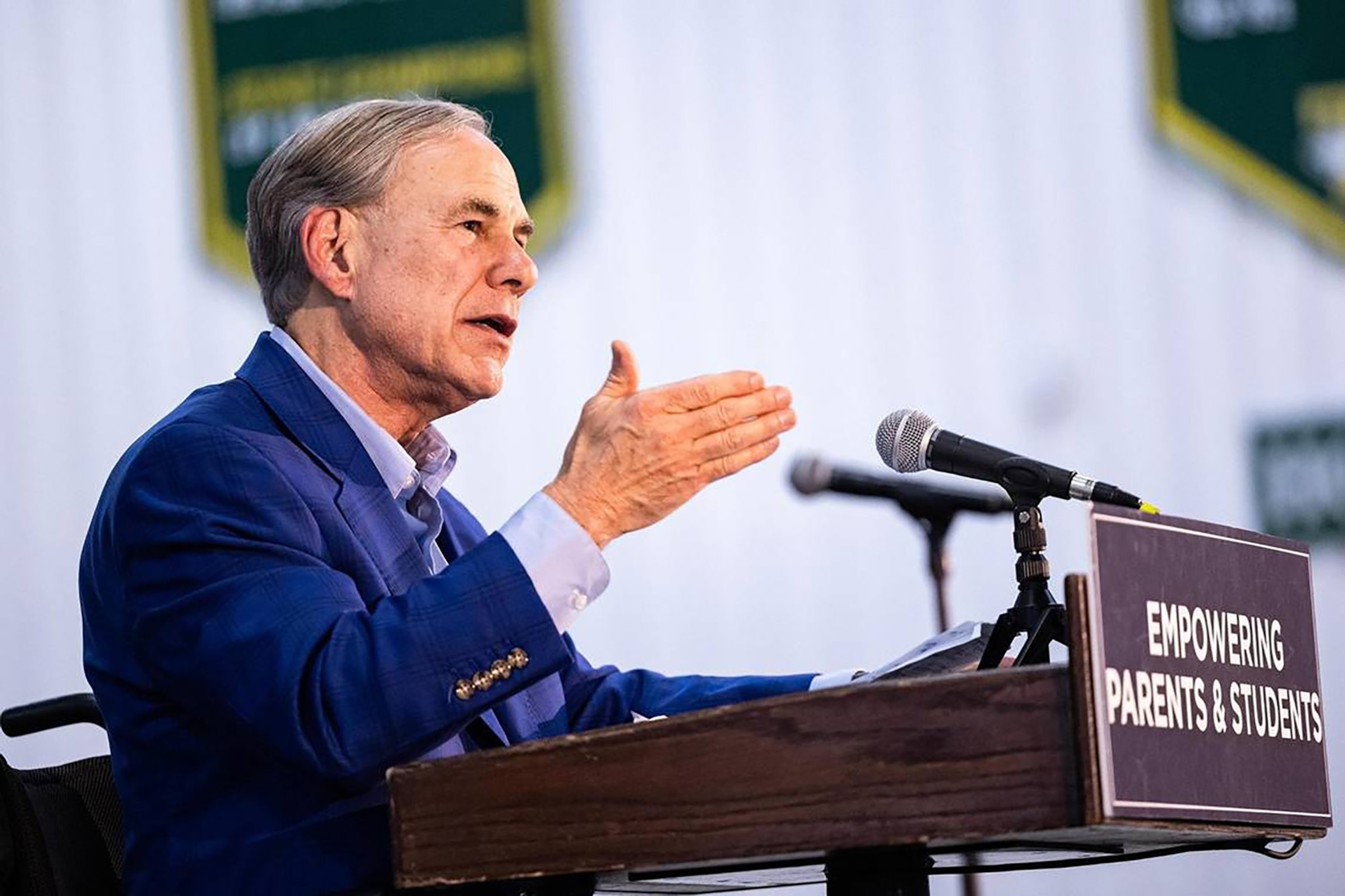 Texas Gov. Greg Abbott speaks to a group of event attendees for his Parent Empowerment Night event where he advocated for school choice and vouchers at Temple Christian School in Fort Worth, Texas, on March 6, 2025. 