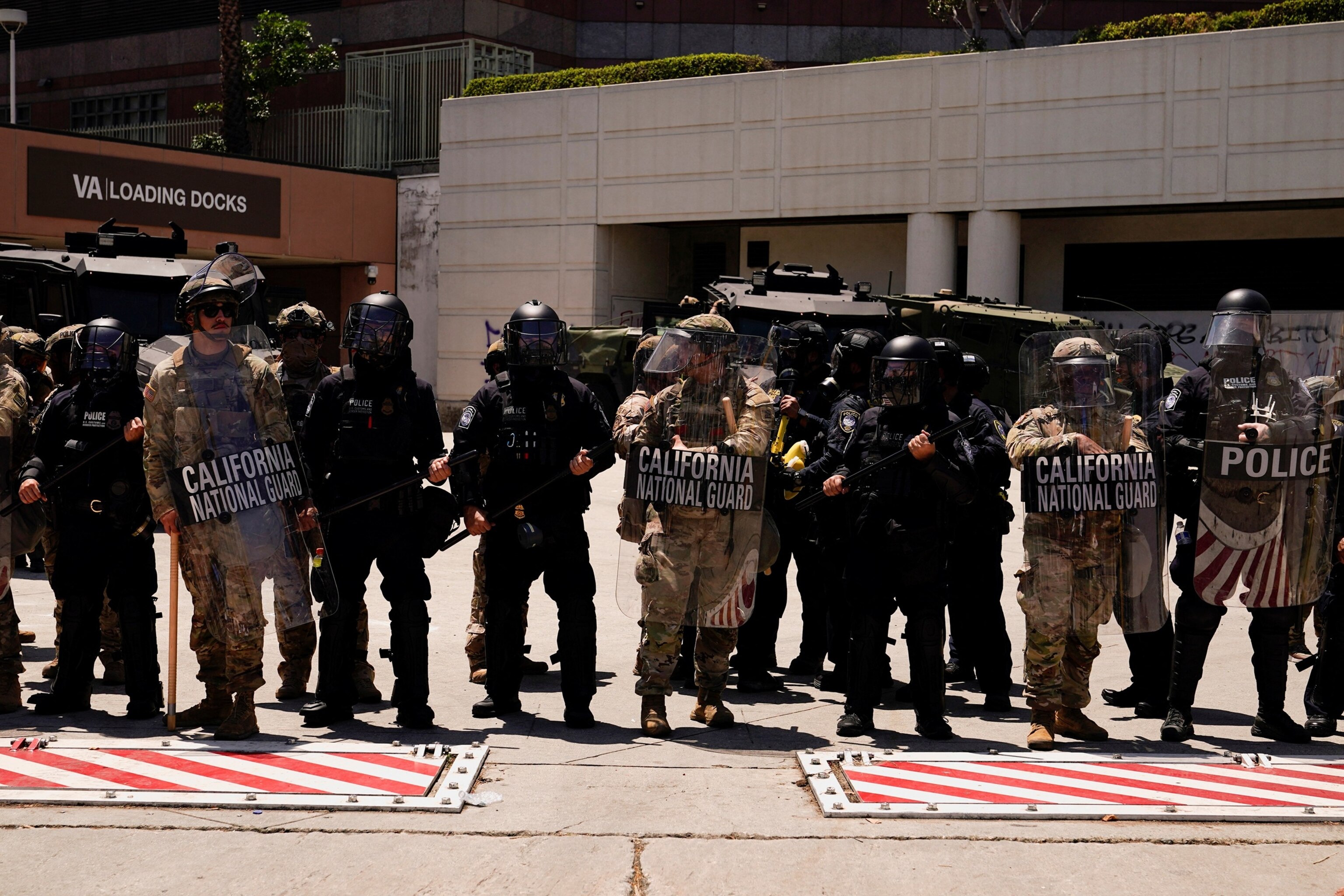 PHOTO: Members of security forces stand guard near the Edward R. Roybal Federal building after days of protests against federal immigration sweeps in Los Angeles, June 10, 2025.