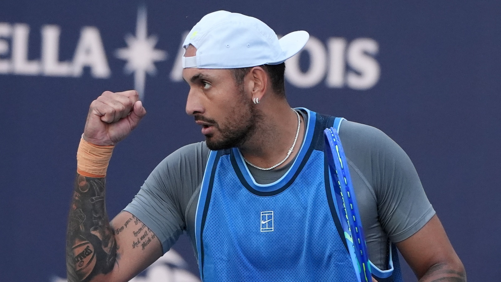 FILE - Nick Kyrgios, of Australia, reacts during his match against Mackenzie McDonald at the Miami Open tennis tournament, Wednesday, March 19, 2025, in Miami Gardens, Fla. (AP Photo/Lynne Sladky, file)