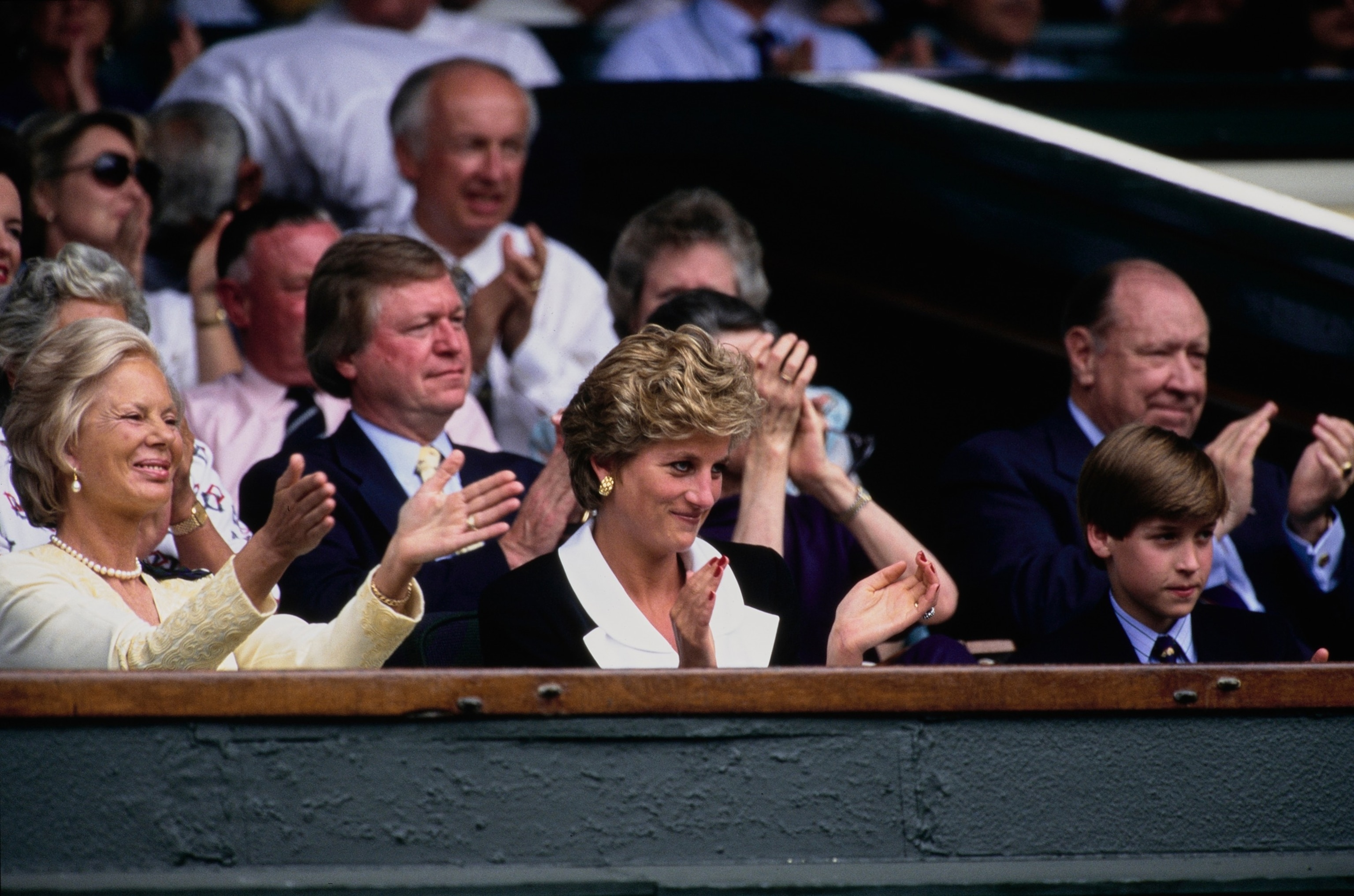PHOTO: Katharine, Duchess of Kent, Princess Diana, Princess of Wales and Prince William applaud from the Royal Box during the Women's Singles Final Match match between Conchita Marti­nez and Martina Navratilova, July 2, 1994, in London, England.