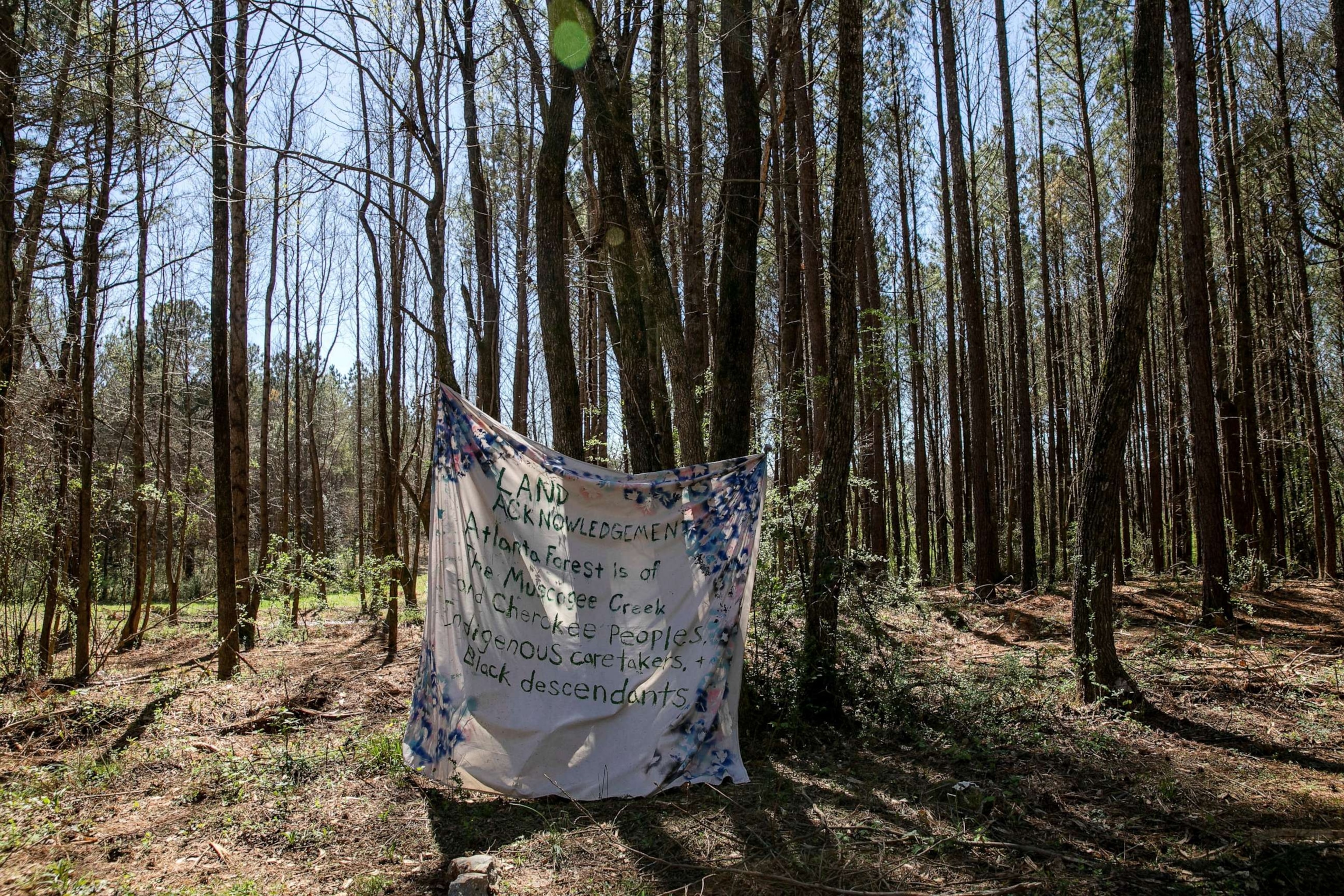 PHOTO: A banner is displayed along the South River Trail in Atlanta, Georgia, on March 4, 2023, near the site where a proposed public safety training center will be constructed.