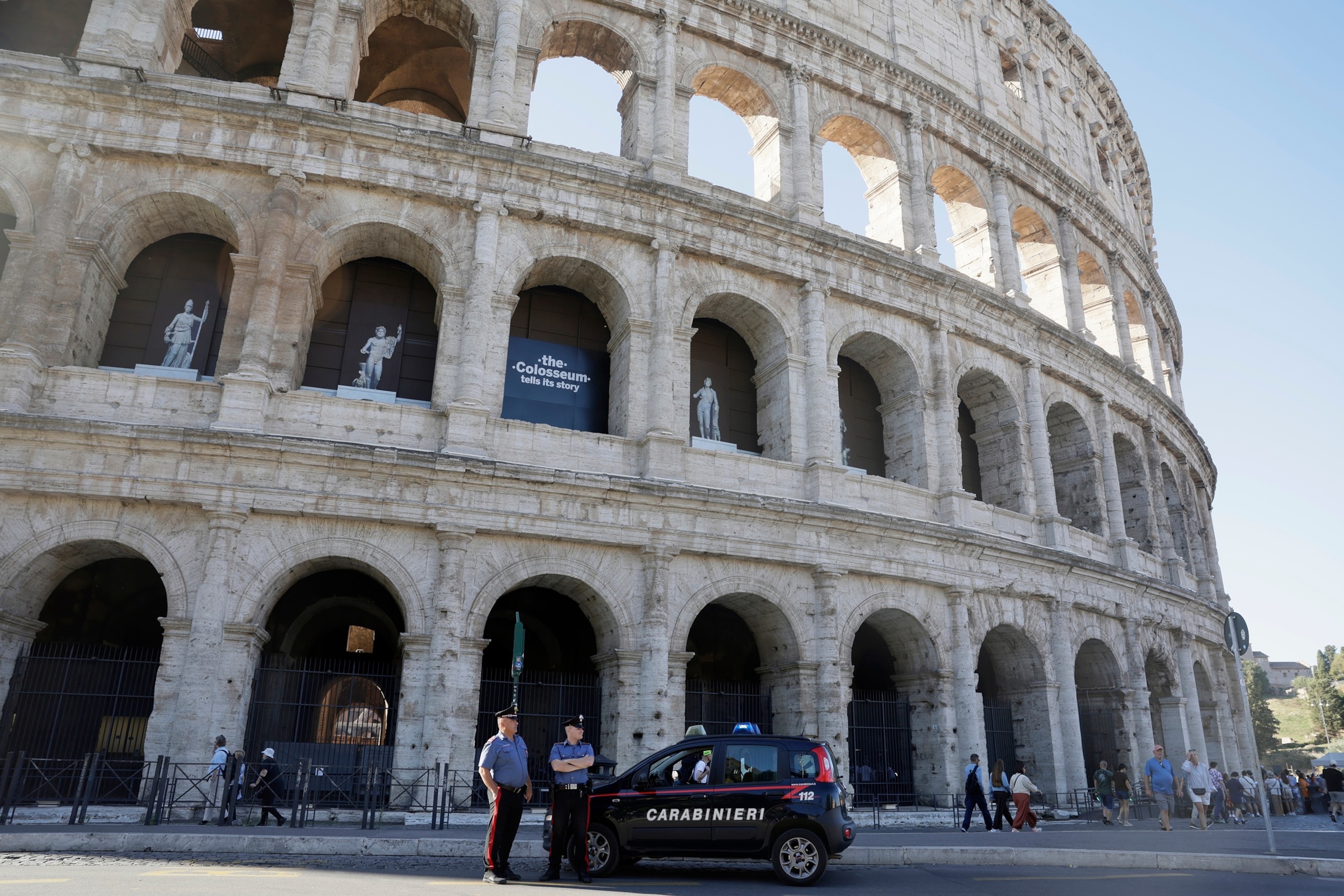 PHOTO: The Colosseum, closed to the public for the day to mourn a worker who fell to his death late Tuesday when installing cabling inside the ancient amphitheater, in Rome, Wednesday, Sept. 23, 2026.