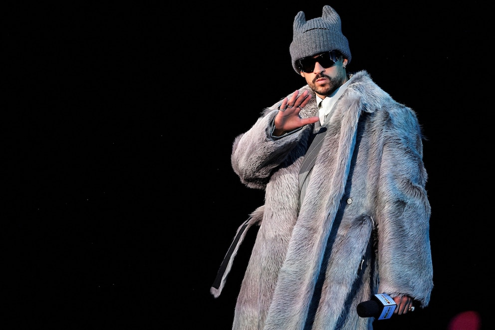 PHOTO: Bad Bunny appears onstage during his halftime show press conference ahead of Sunday's performance at the Super Bowl LX game between the New England Patriots and the Seattle Seahawks, in San Francisco, Calif., Feb. 5, 2026. 