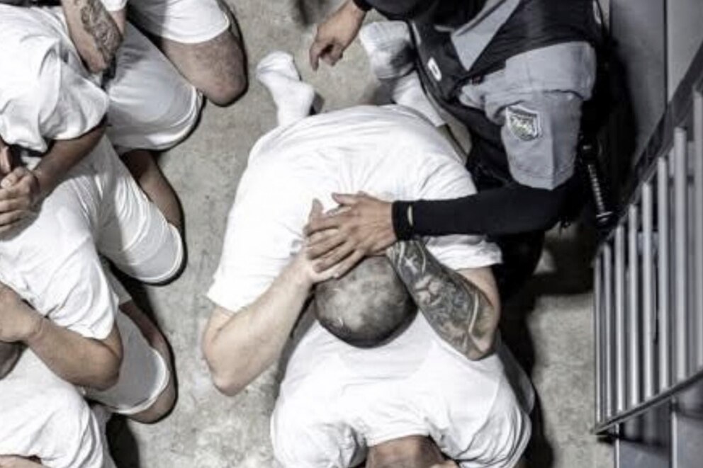 PHOTO: Undated photo of a man identified by Jennifer Vasquez Sura as her husband, Kilmar Abrego Garcia, is led by force by guards through the Terrorism Confinement Center in Tecoluca, El Salvador.