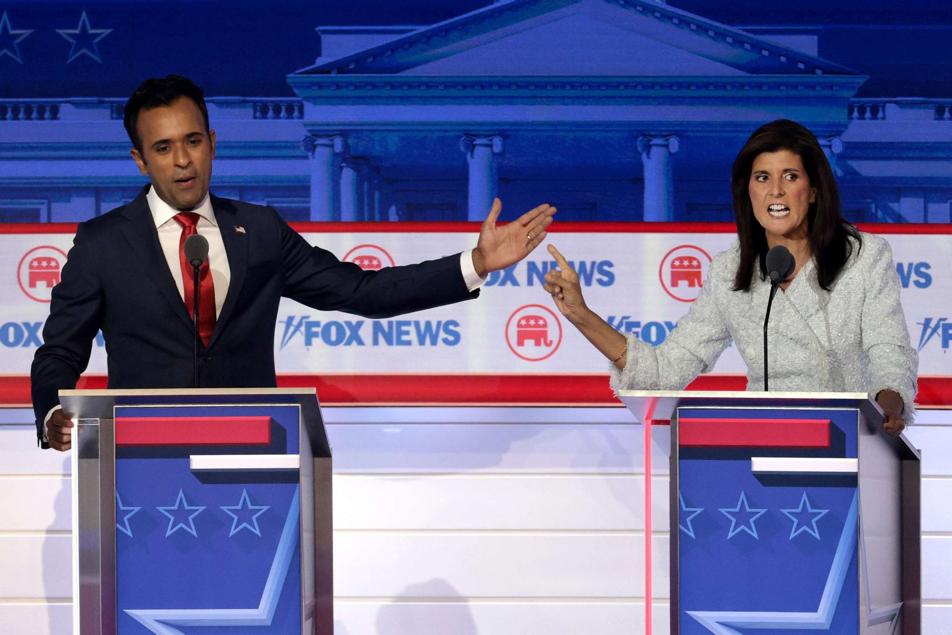 PHOTO: Republican presidential candidates, Vivek Ramaswamy (L) and former U.N. Ambassador Nikki Haley participate in the first debate of the GOP primary season hosted by FOX News at the Fiserv Forum on August 23, 2023 in Milwaukee, Wisconsin.