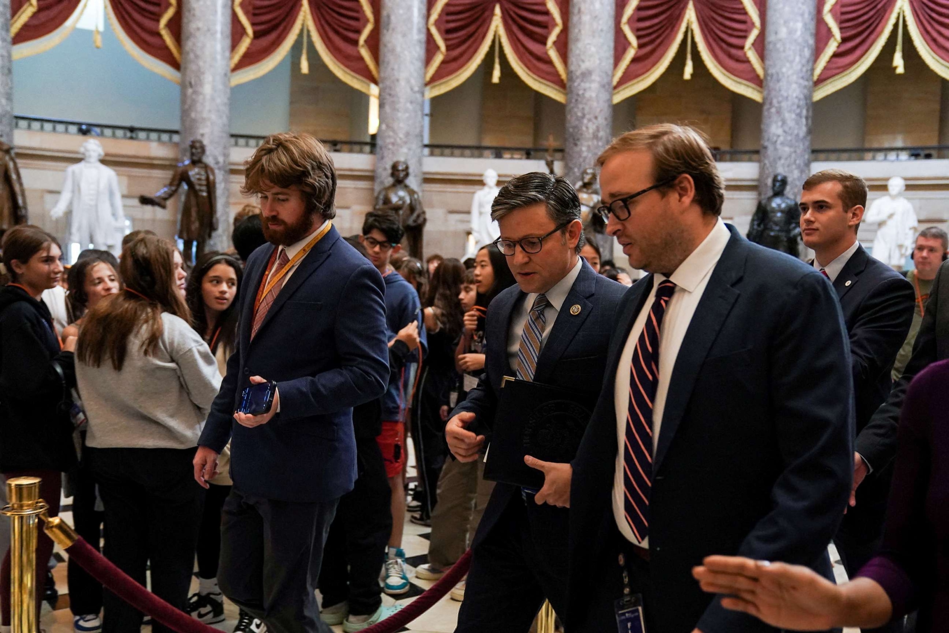 PHOTO: Newly-elected House Speaker Mike Johnson walks from his office to the House floor at the Capitol in Washington, Oct. 26, 2023.