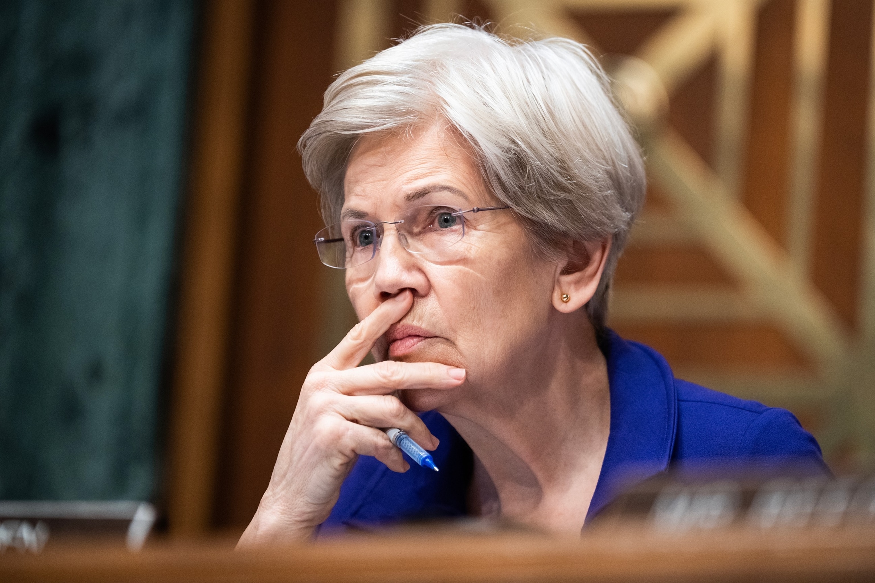 PHOTO: Sen. Elizabeth Warren listens to testimony by Federal Reserve Chairman Jerome Powell in Dirksen building on Wednesday, June 25, 2025.
